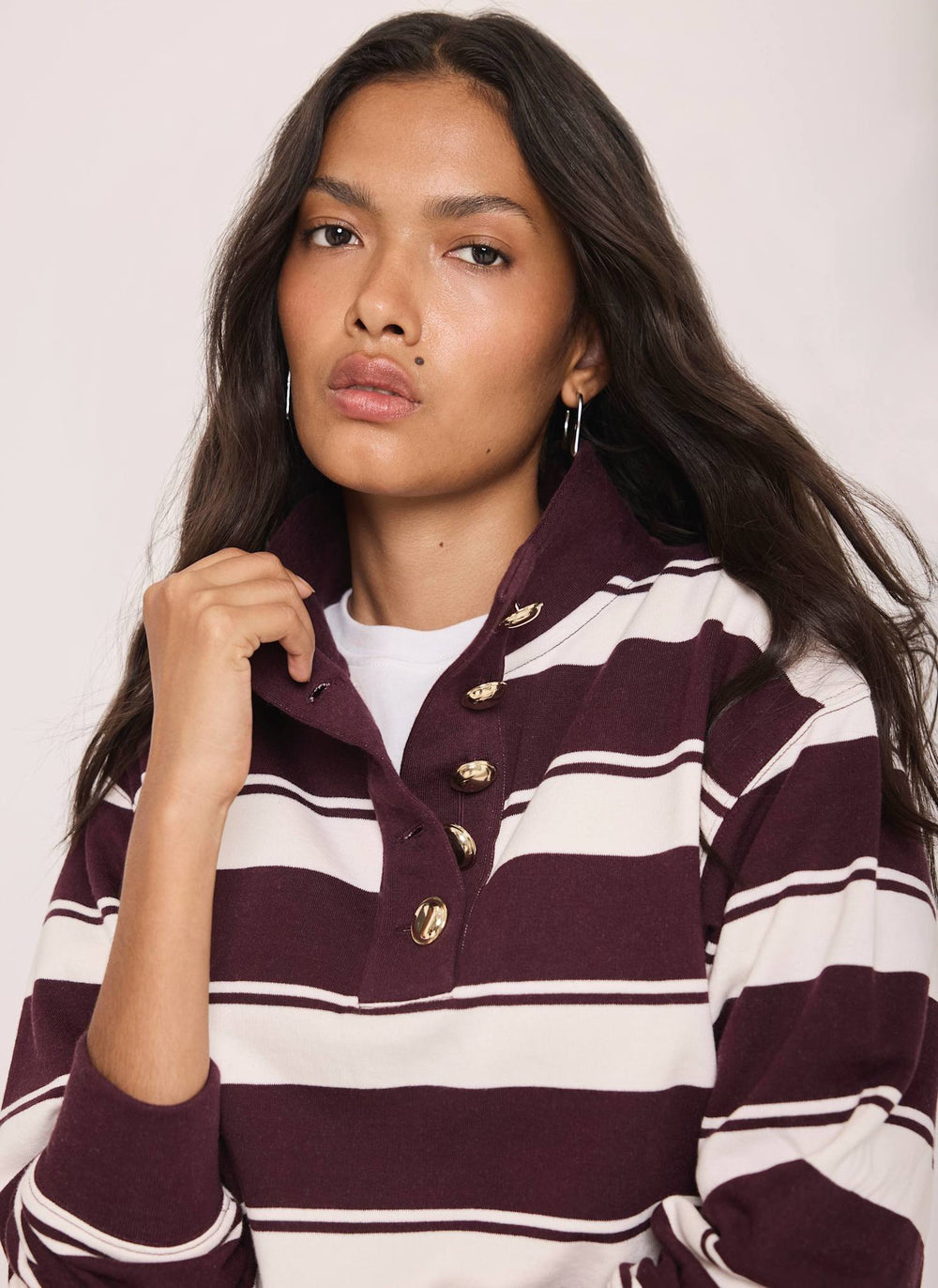 Burgundy Striped Cotton Funnel Neck Sweatshirt