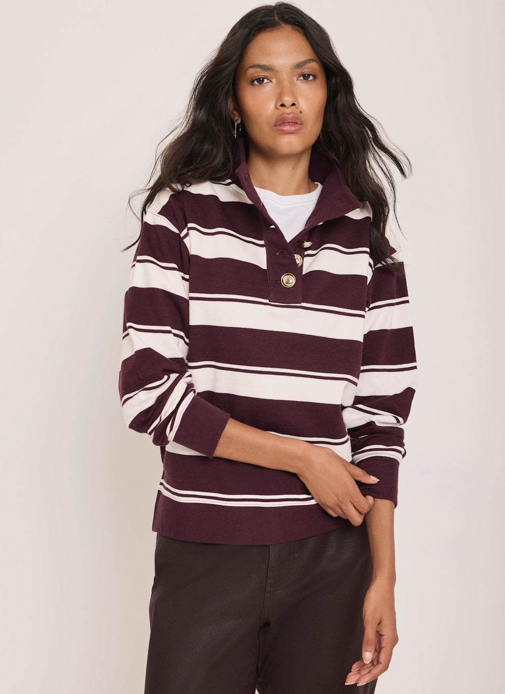 Burgundy Striped Cotton Funnel Neck Sweatshirt