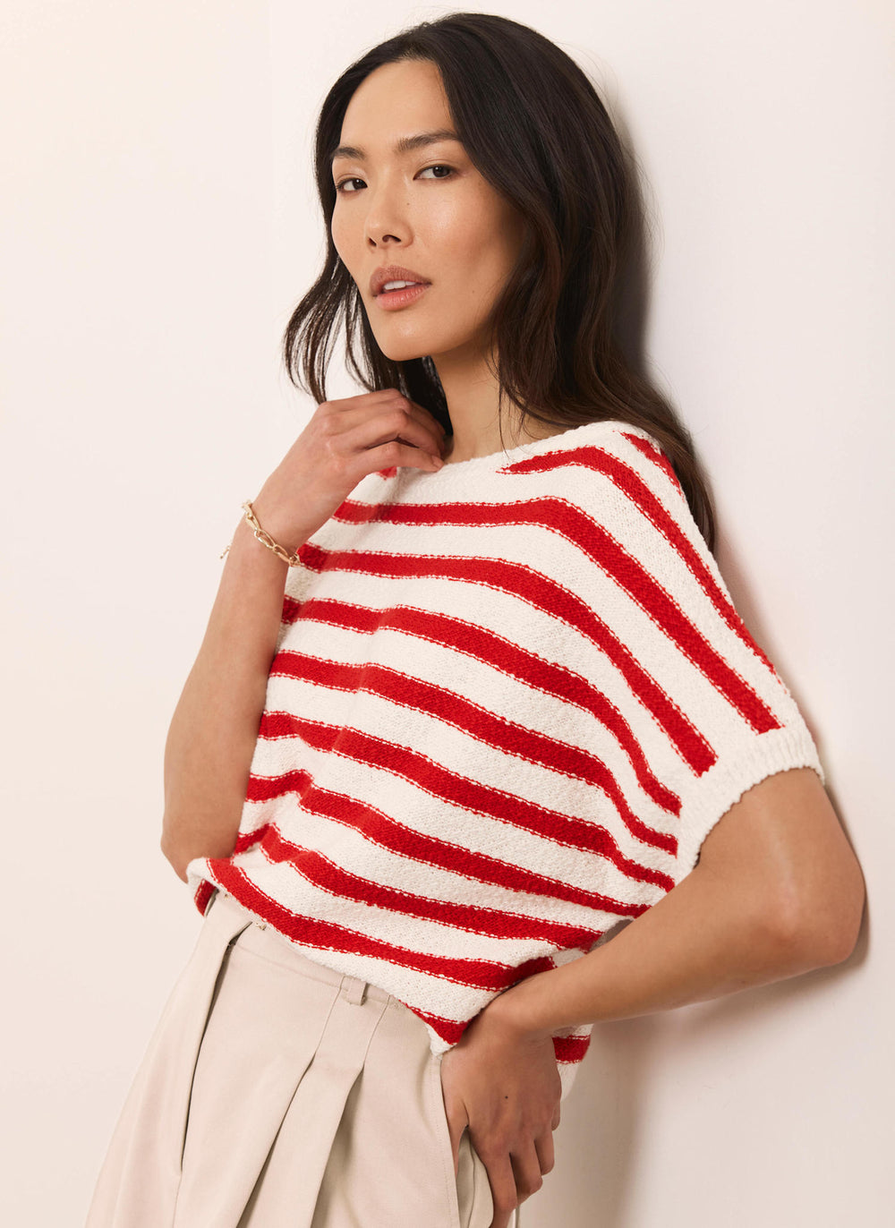 Red Striped Textured Knit Top