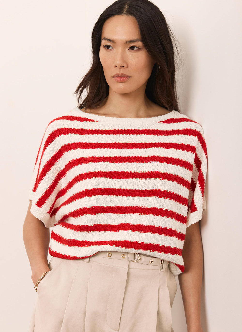 Red Striped Textured Knit Top