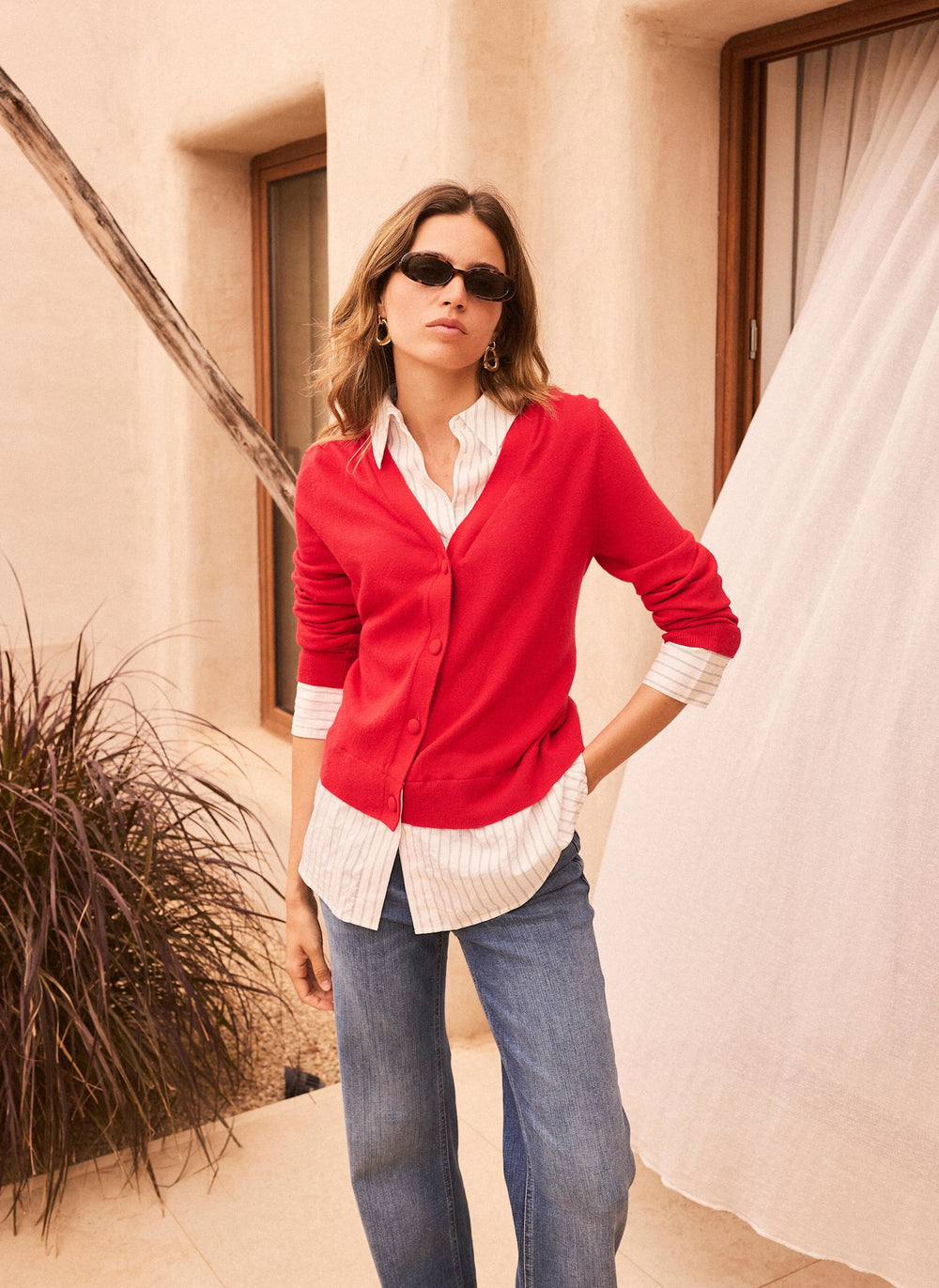Red Cotton Blend Layered Knit Shirt
