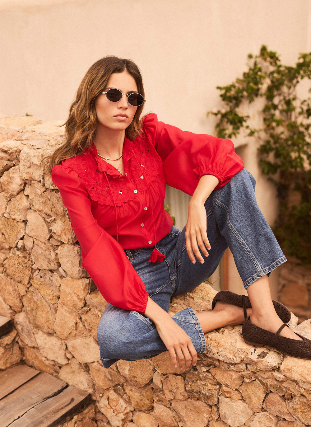 Red Floral Detail Cutwork Blouse