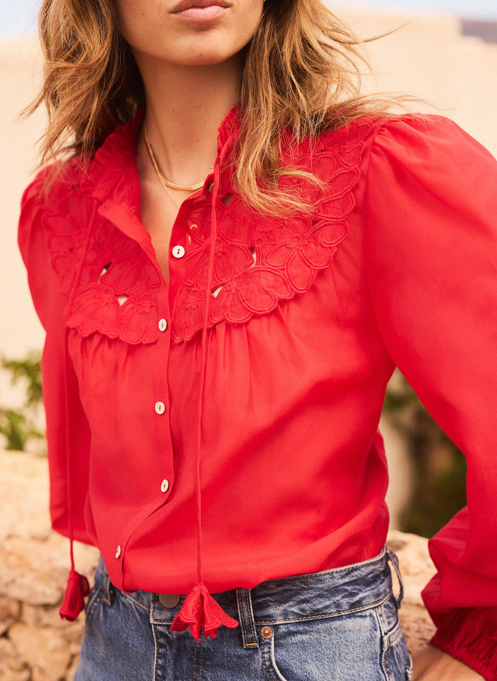 Red Floral Detail Cutwork Blouse