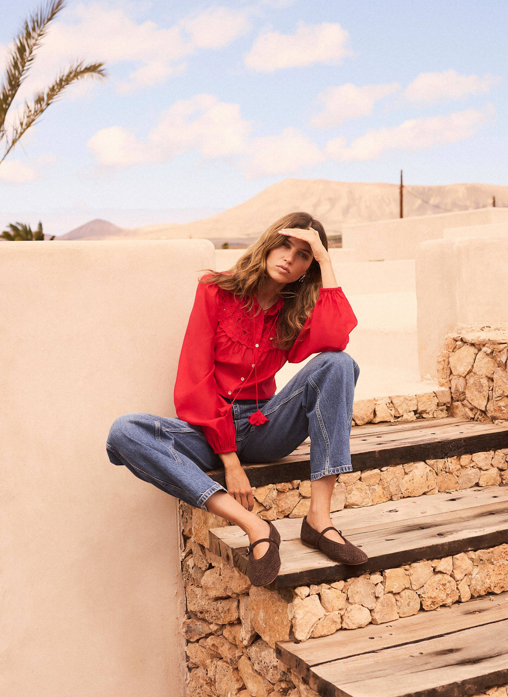 Red Floral Detail Cutwork Blouse
