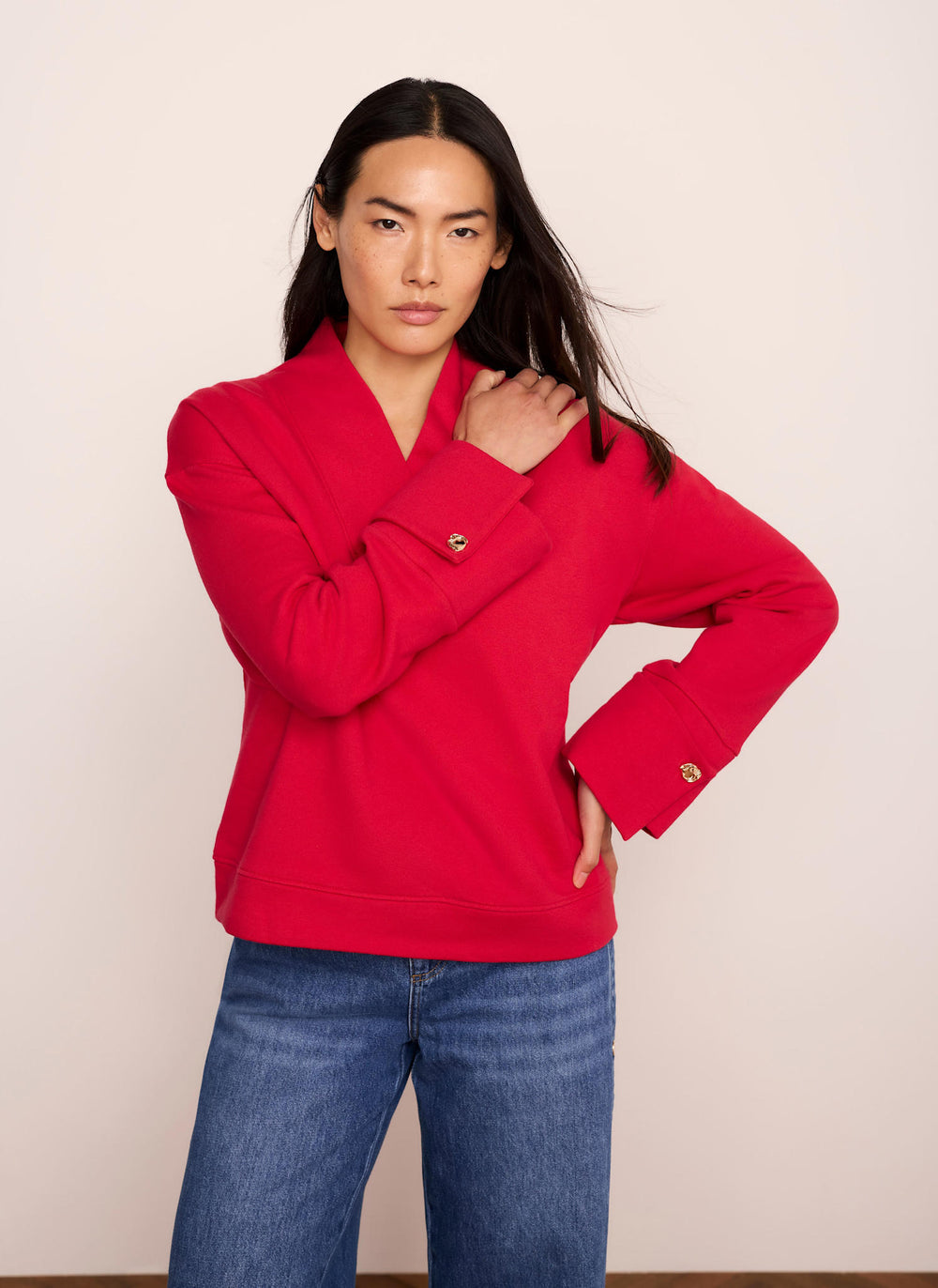 Red Cotton V-Neck Button Detail Sweatshirt