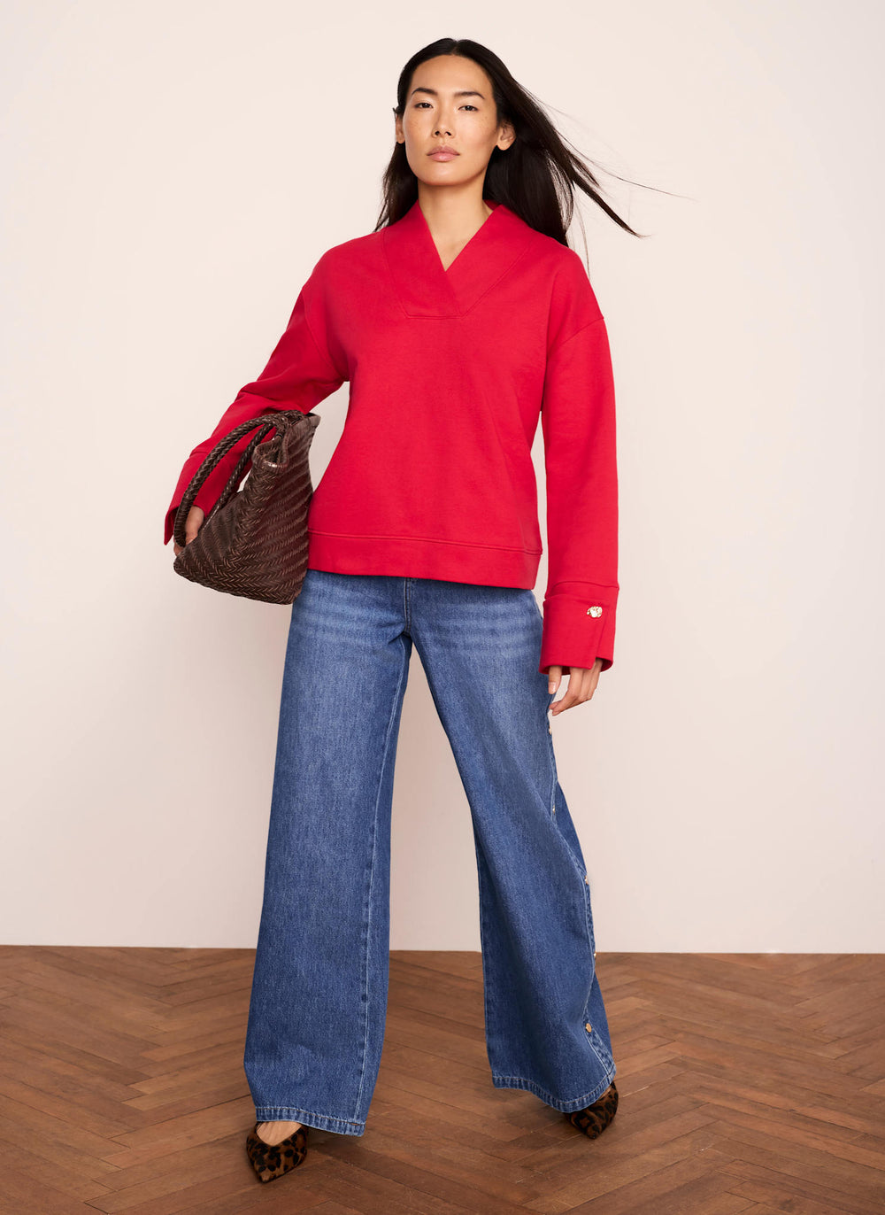 Red Cotton V-Neck Button Detail Sweatshirt