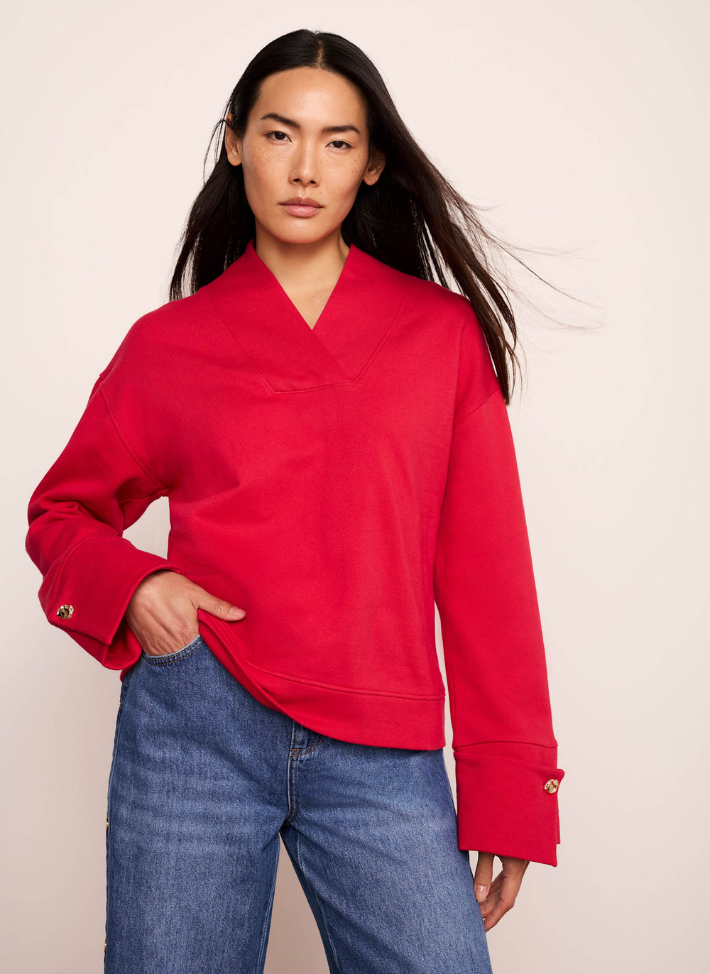 Red Cotton V-Neck Button Detail Sweatshirt