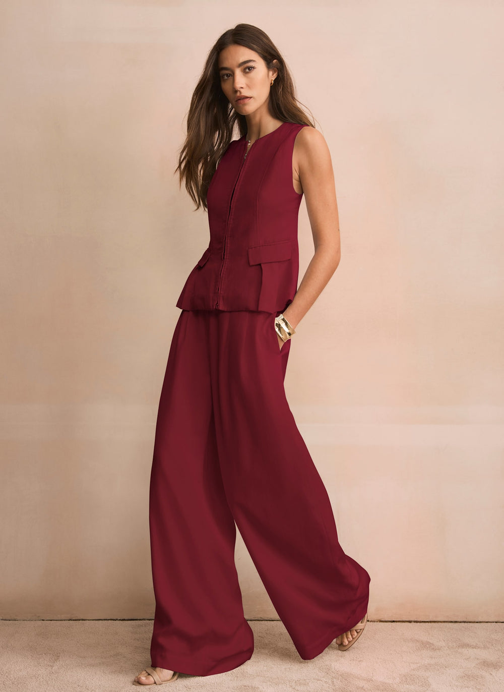 Burgundy Darted Wide Leg Trousers