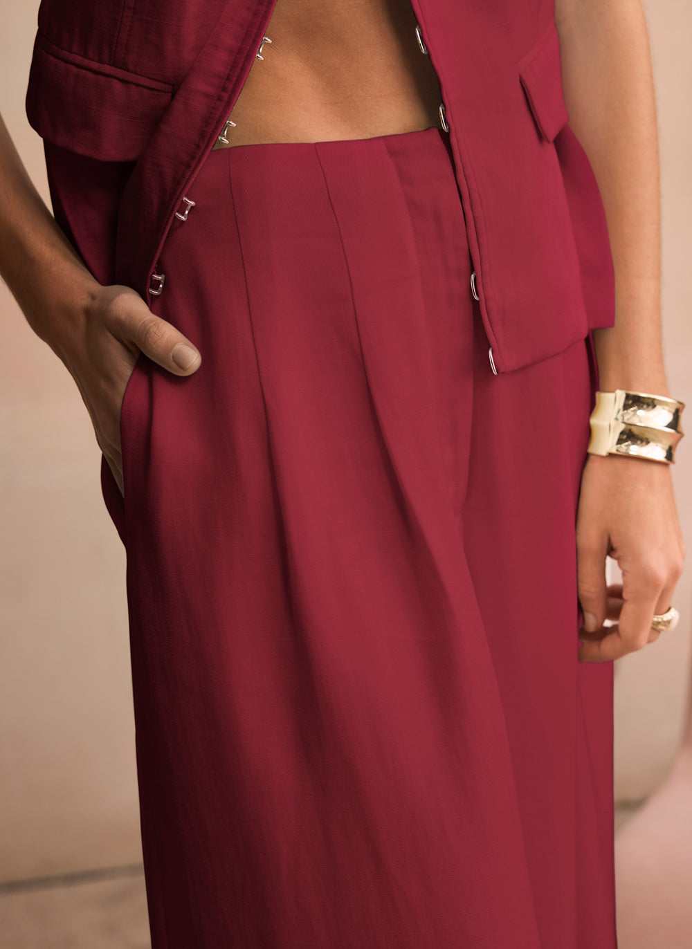 Burgundy Darted Wide Leg Trousers
