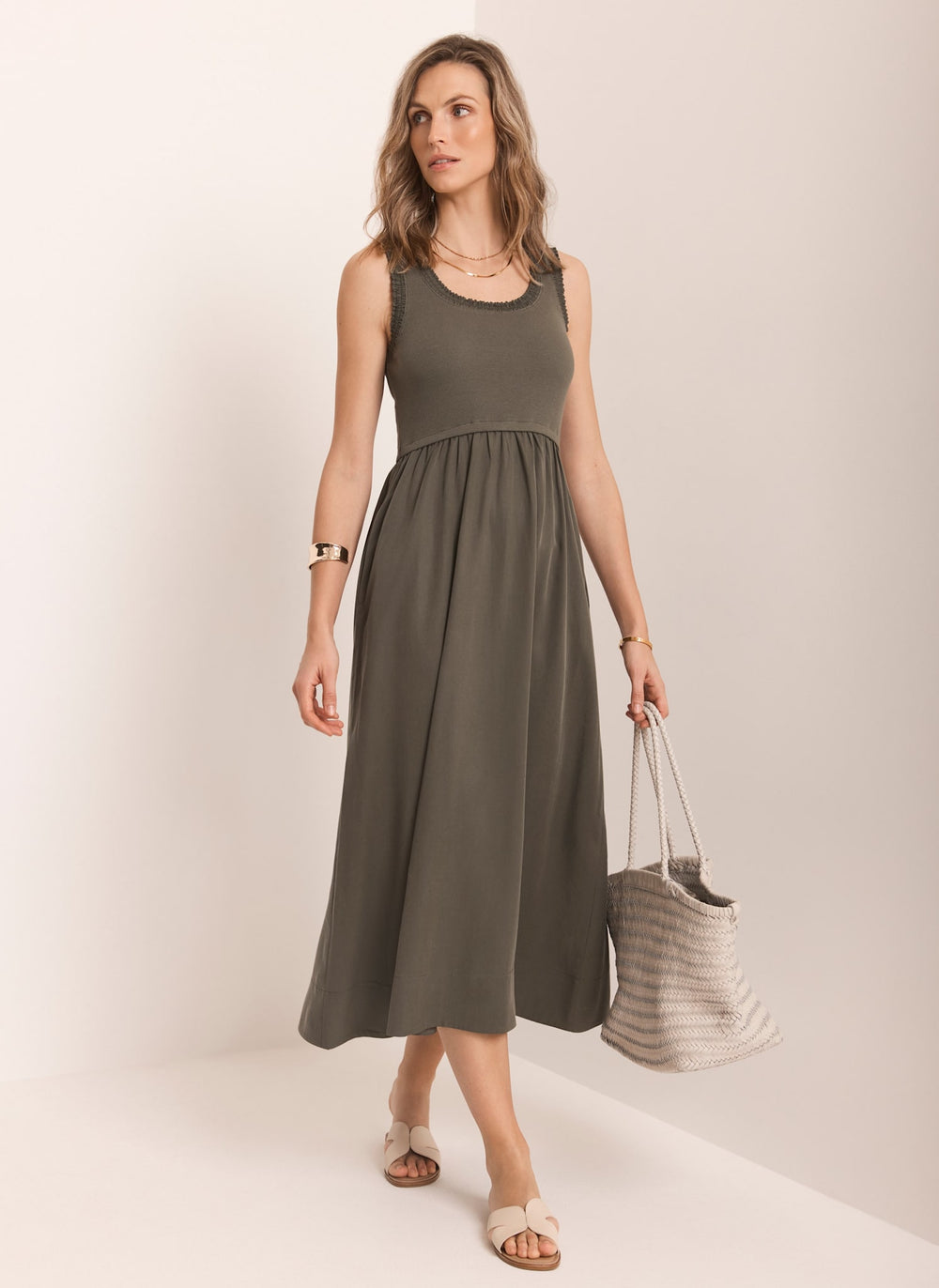 Khaki Ruched Trim Cotton Midi Dress