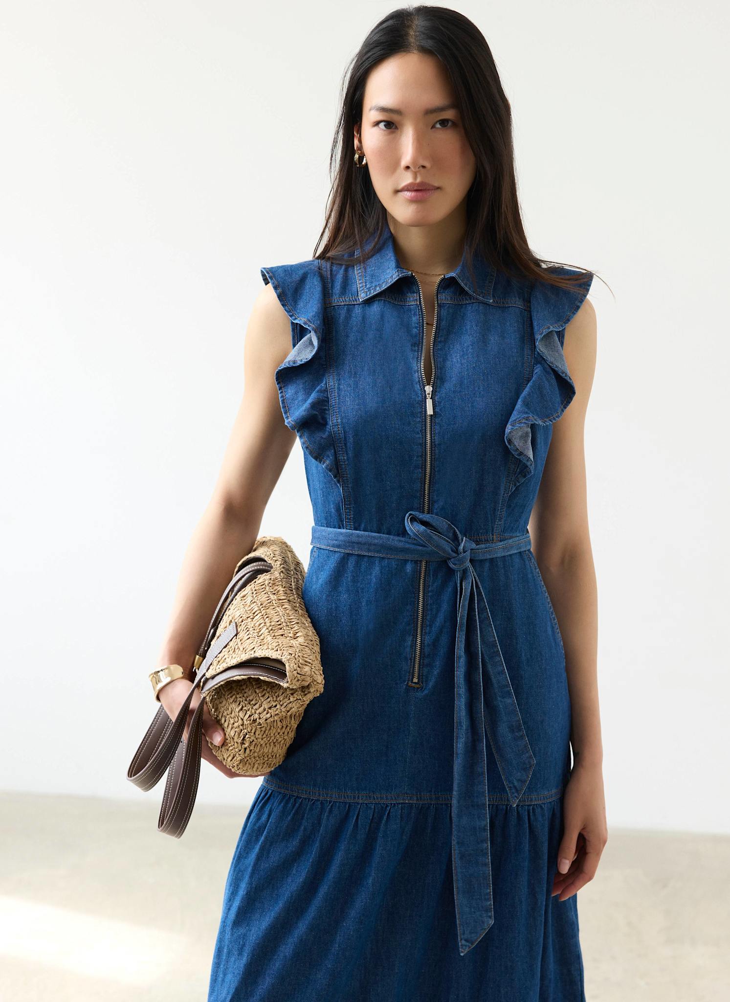 HOLIDAY. DENIM RUFFLE BIG SHIRT ワンウォッシュ Indigo Denim Ruffle Maxi Shirt Dress – Mint Velvet