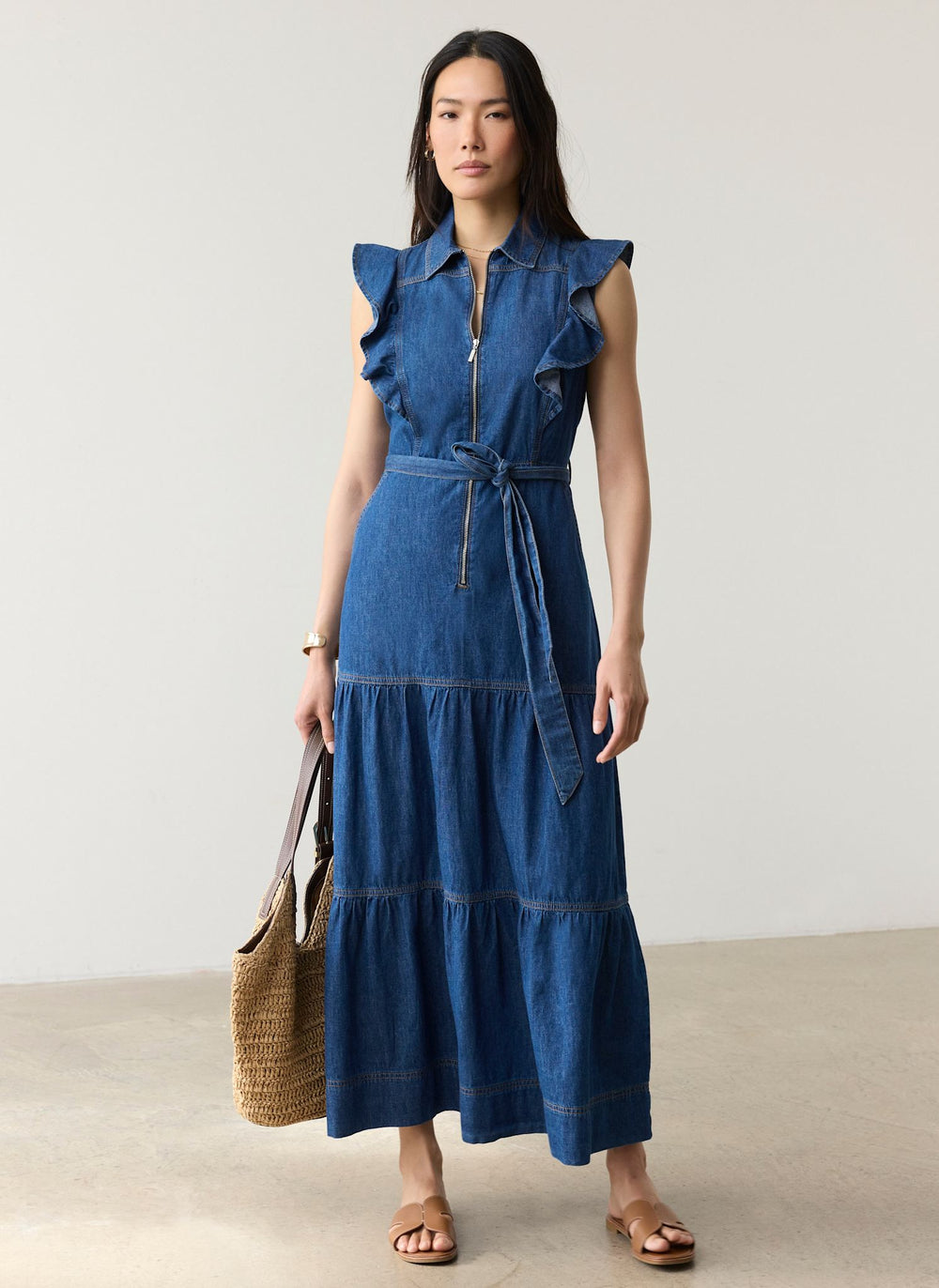 Indigo Denim Ruffle Maxi Shirt Dress