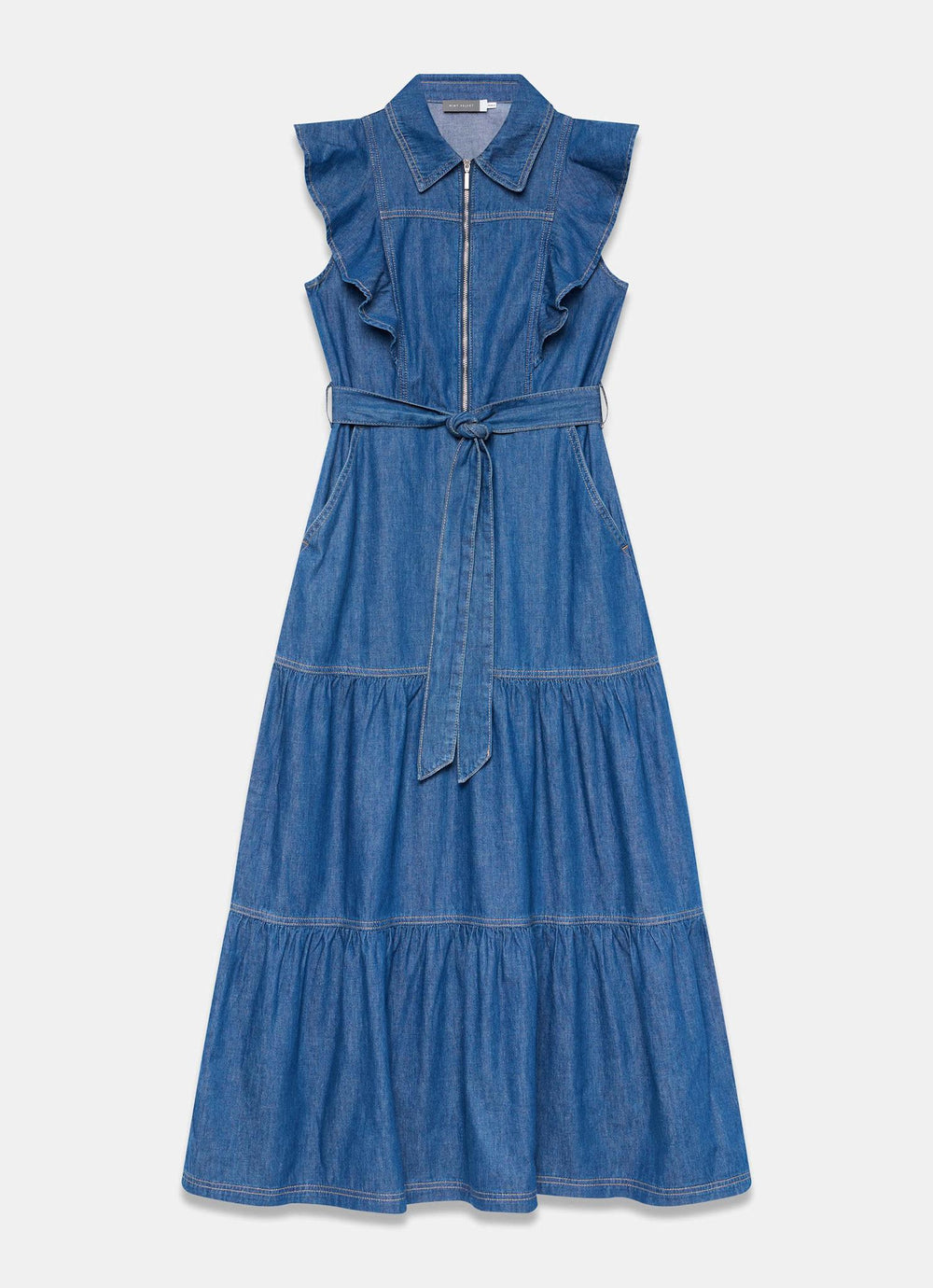 denim tiered maxi dress Indigo Denim Ruffle Maxi Shirt Dress – Mint Velvet