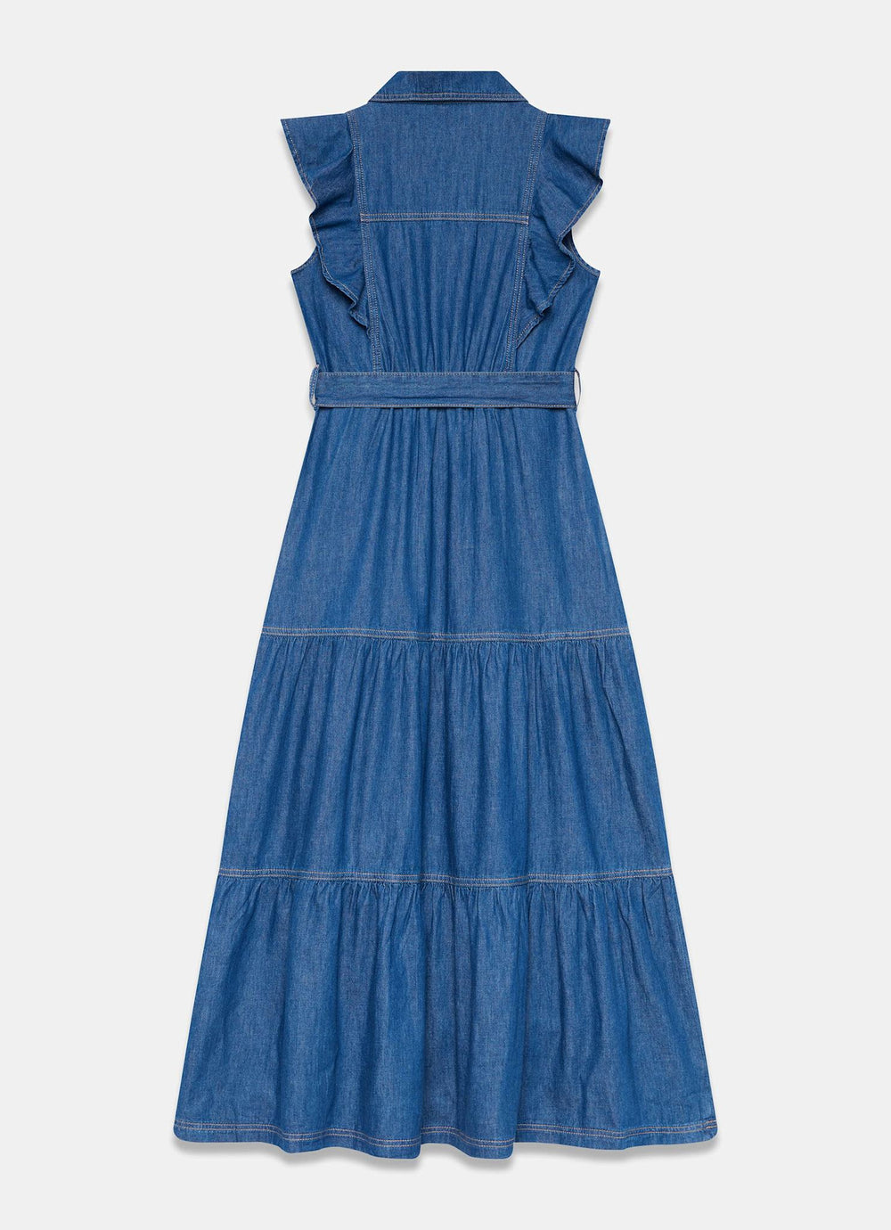 denim tiered maxi dress Indigo Denim Ruffle Maxi Shirt Dress – Mint Velvet
