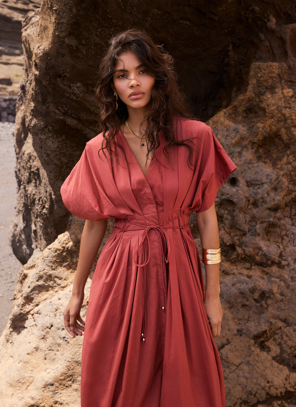 tie waist midi dress Brown Rust Cotton Tie Waist Midi Dress – Mint Velvet