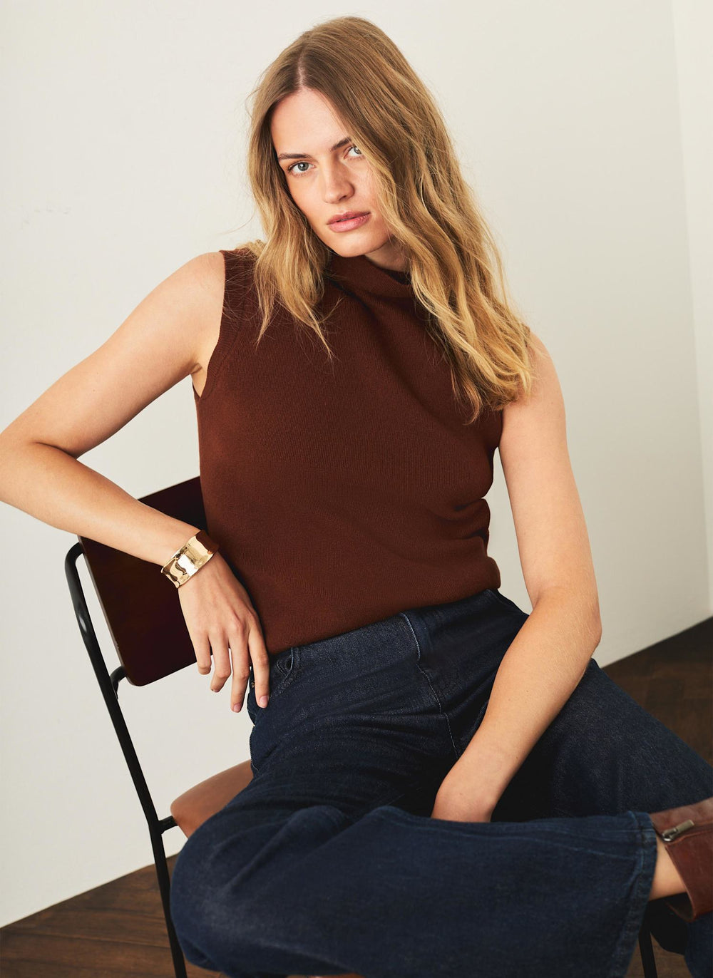 Brown Cotton Blend Sleeveless Knit Top