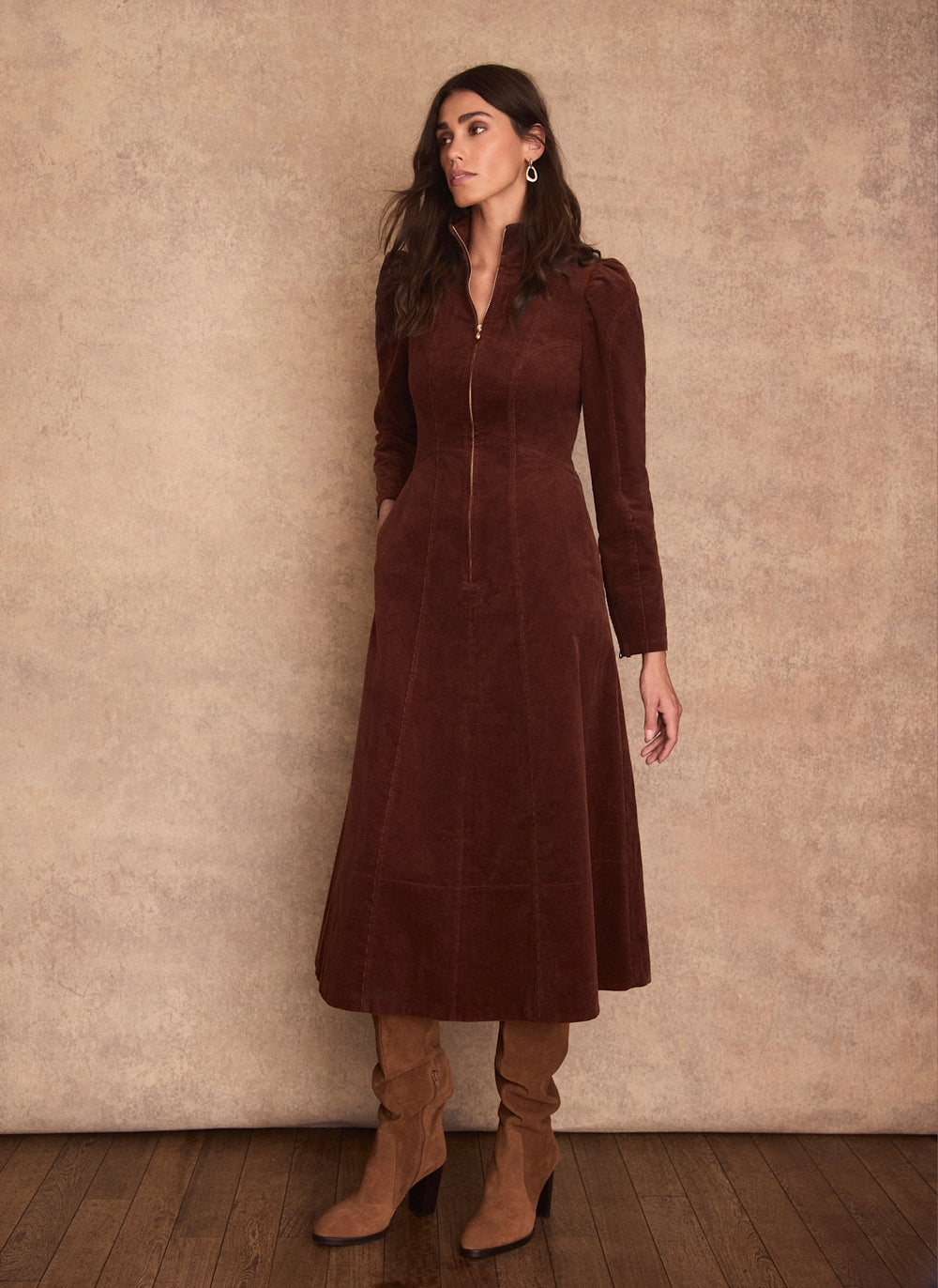Brown Corduroy Stand Collar Midi Dress