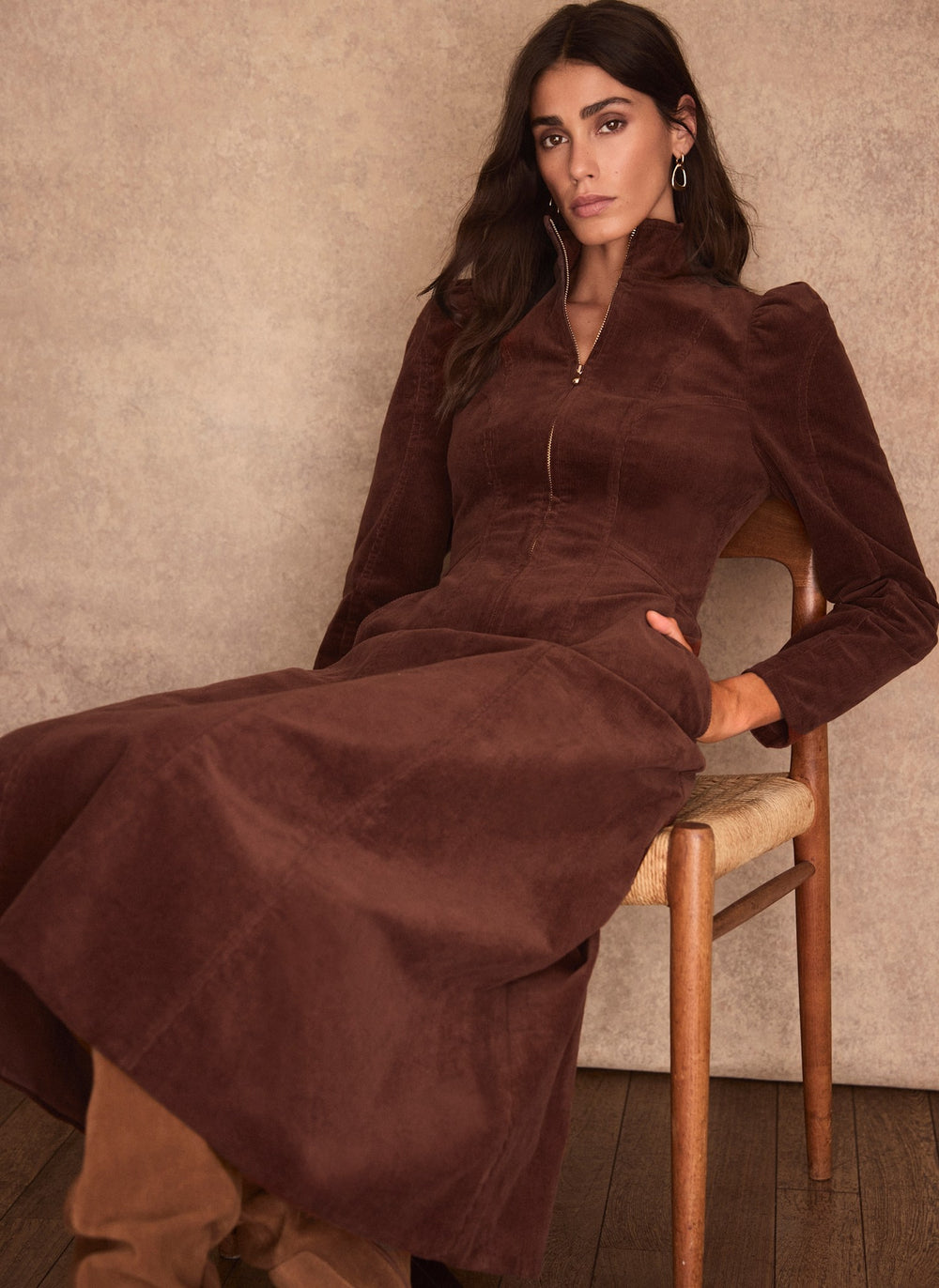 Brown Corduroy Stand Collar Midi Dress