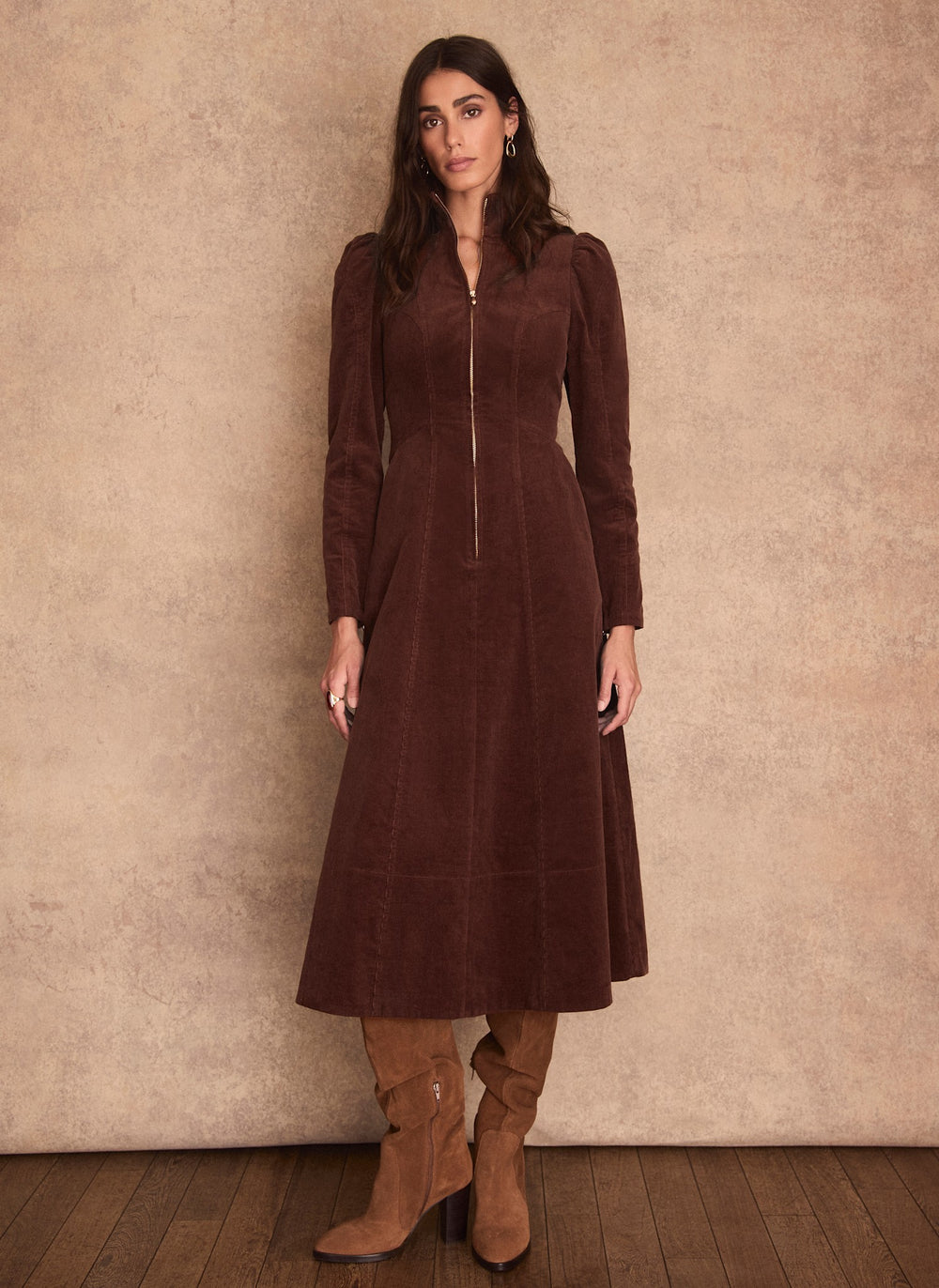 Brown Corduroy Stand Collar Midi Dress