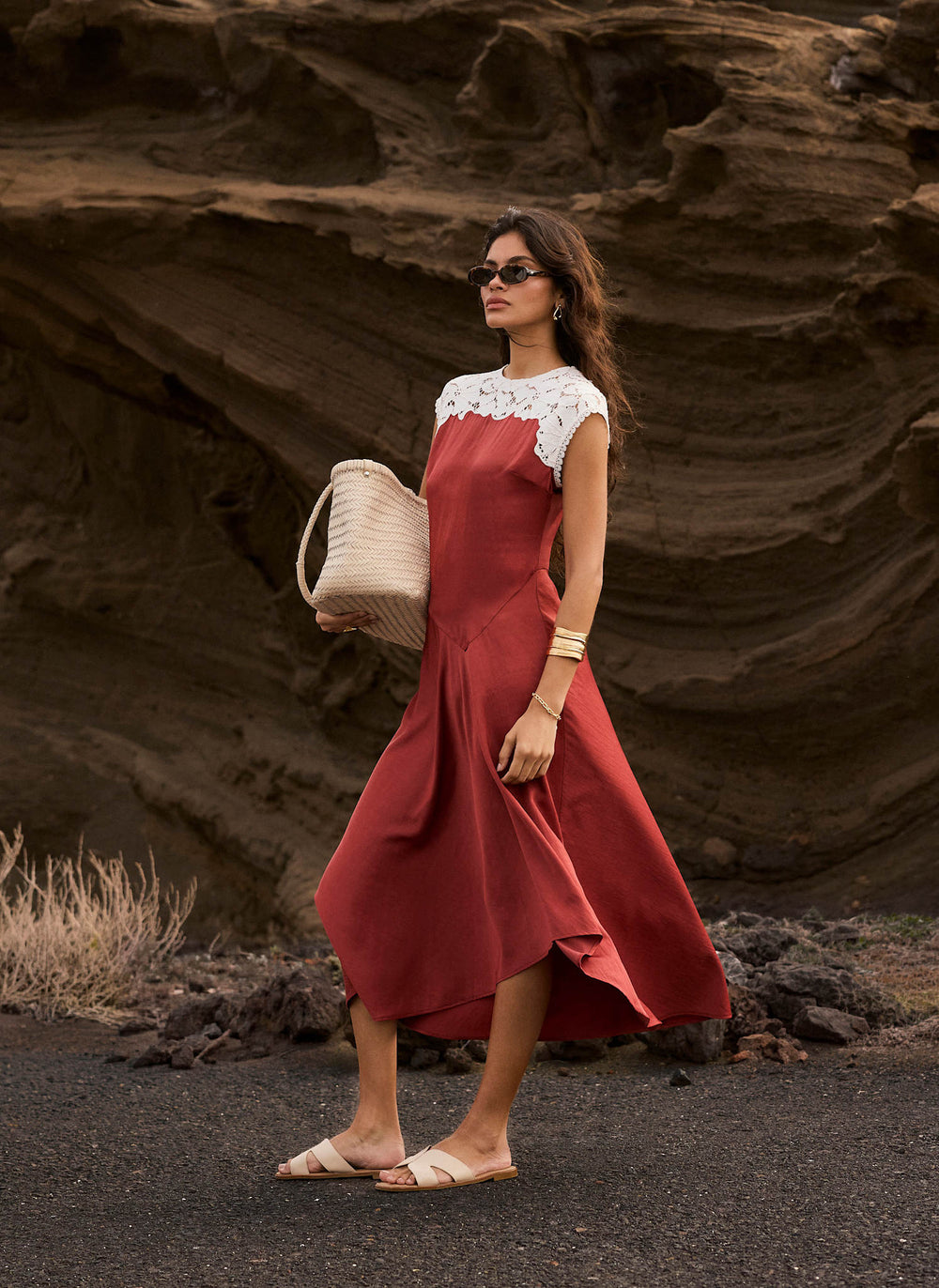 Rust Red Lace Detail Midi Dress