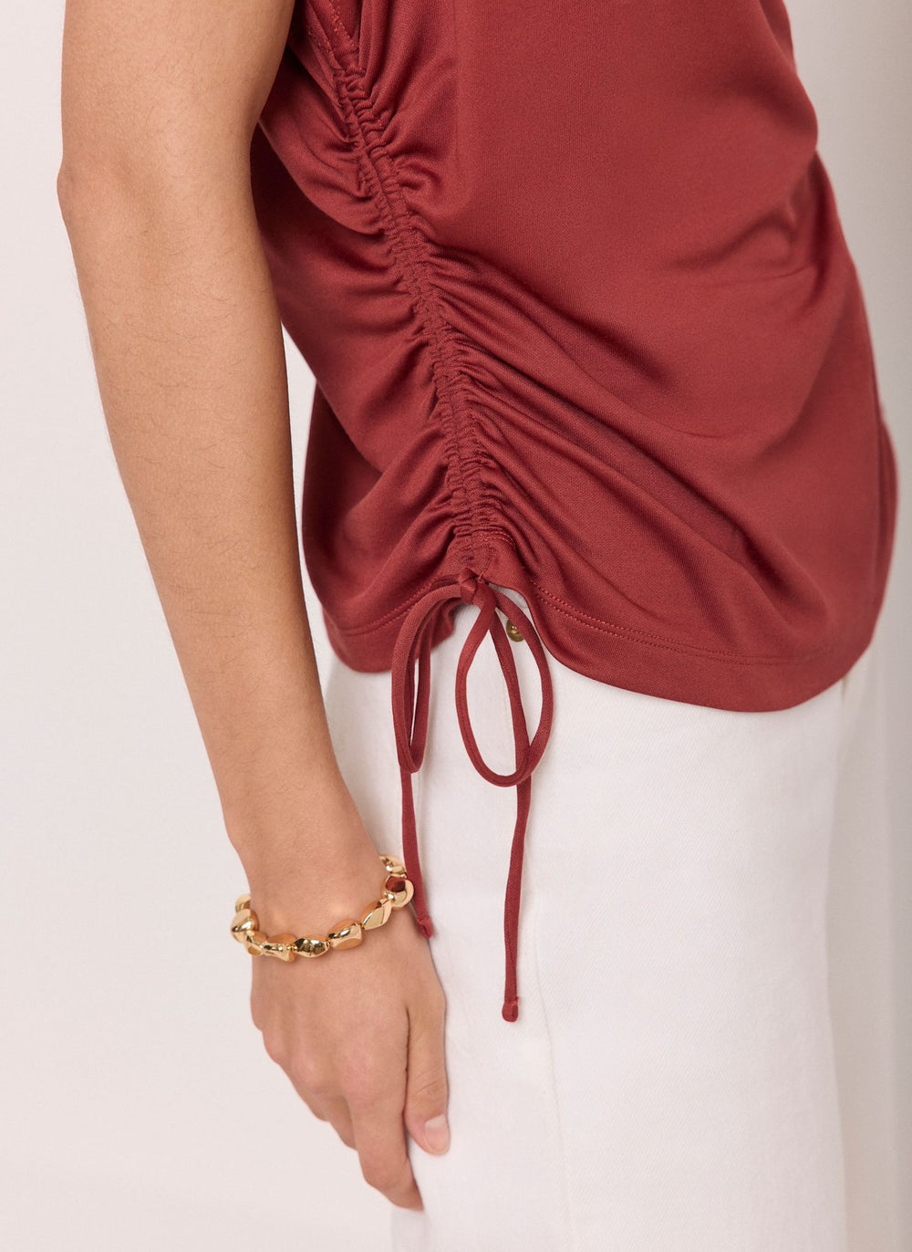 Rust Red Jersey Ruched Tie Detail Top