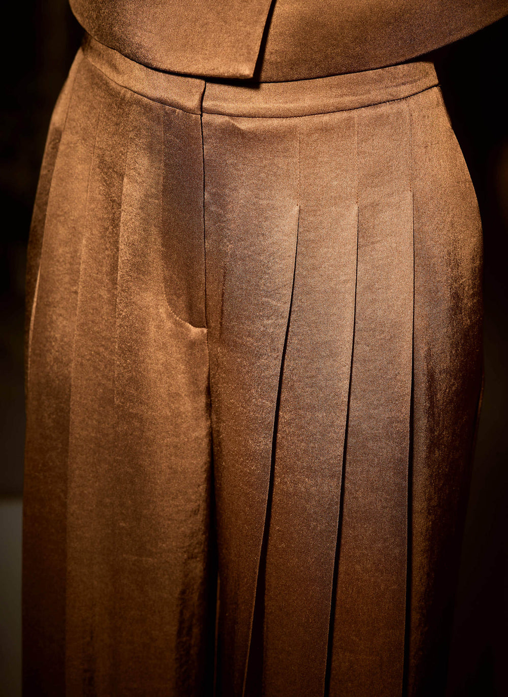 Gold Satin Pleated Wide Leg Trousers