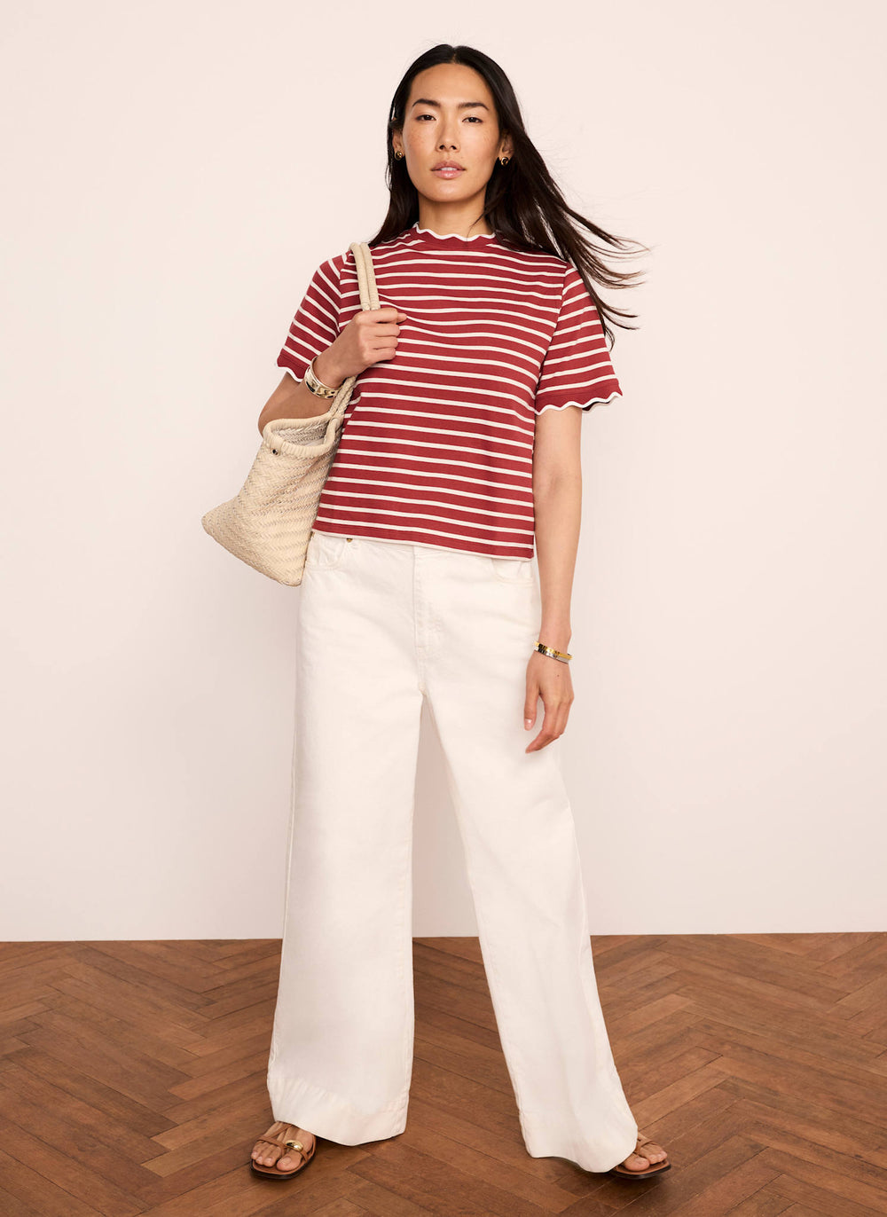 Brown Cotton Striped Scallop T-Shirt