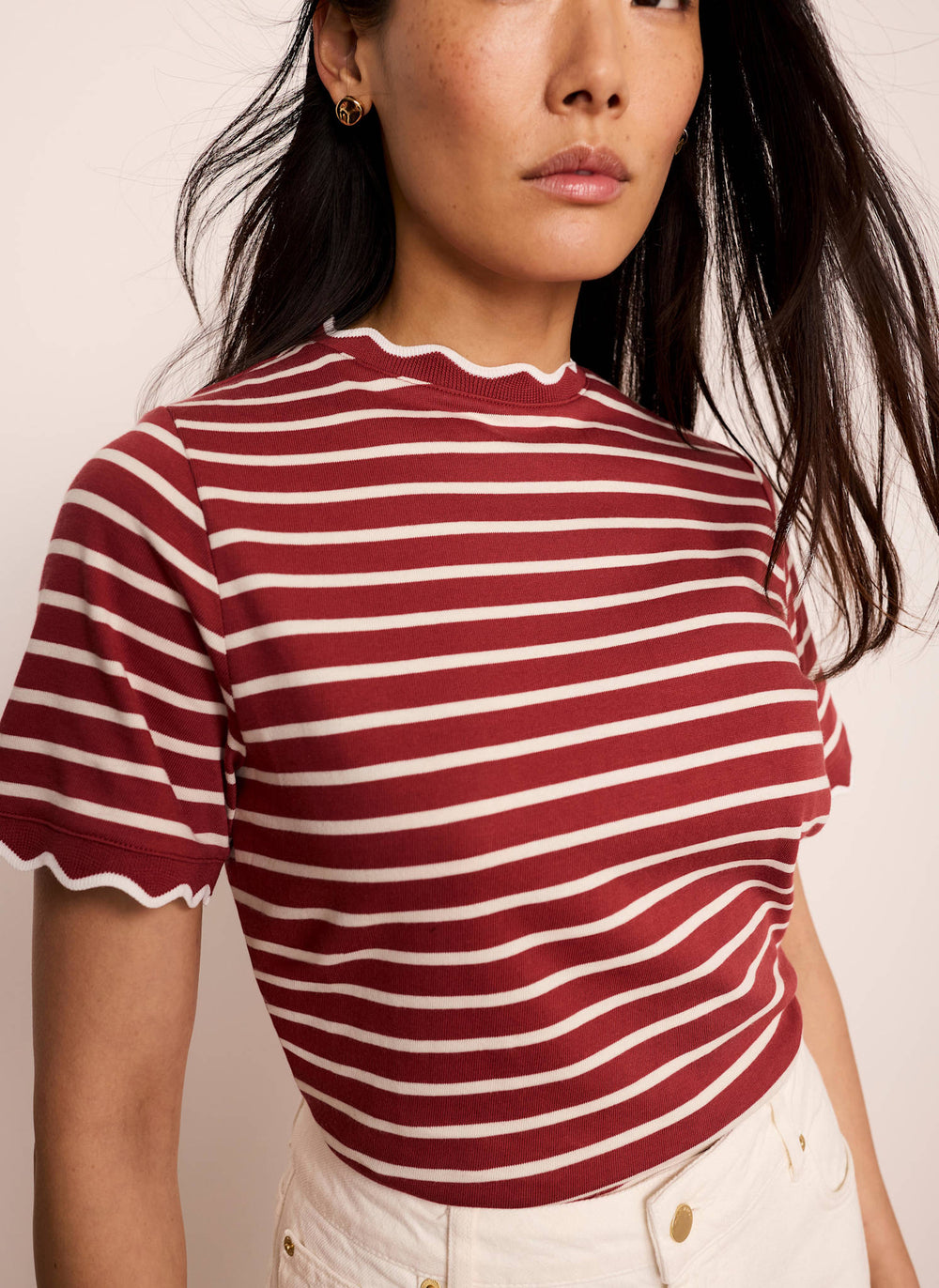 Brown Cotton Striped Scallop T-Shirt