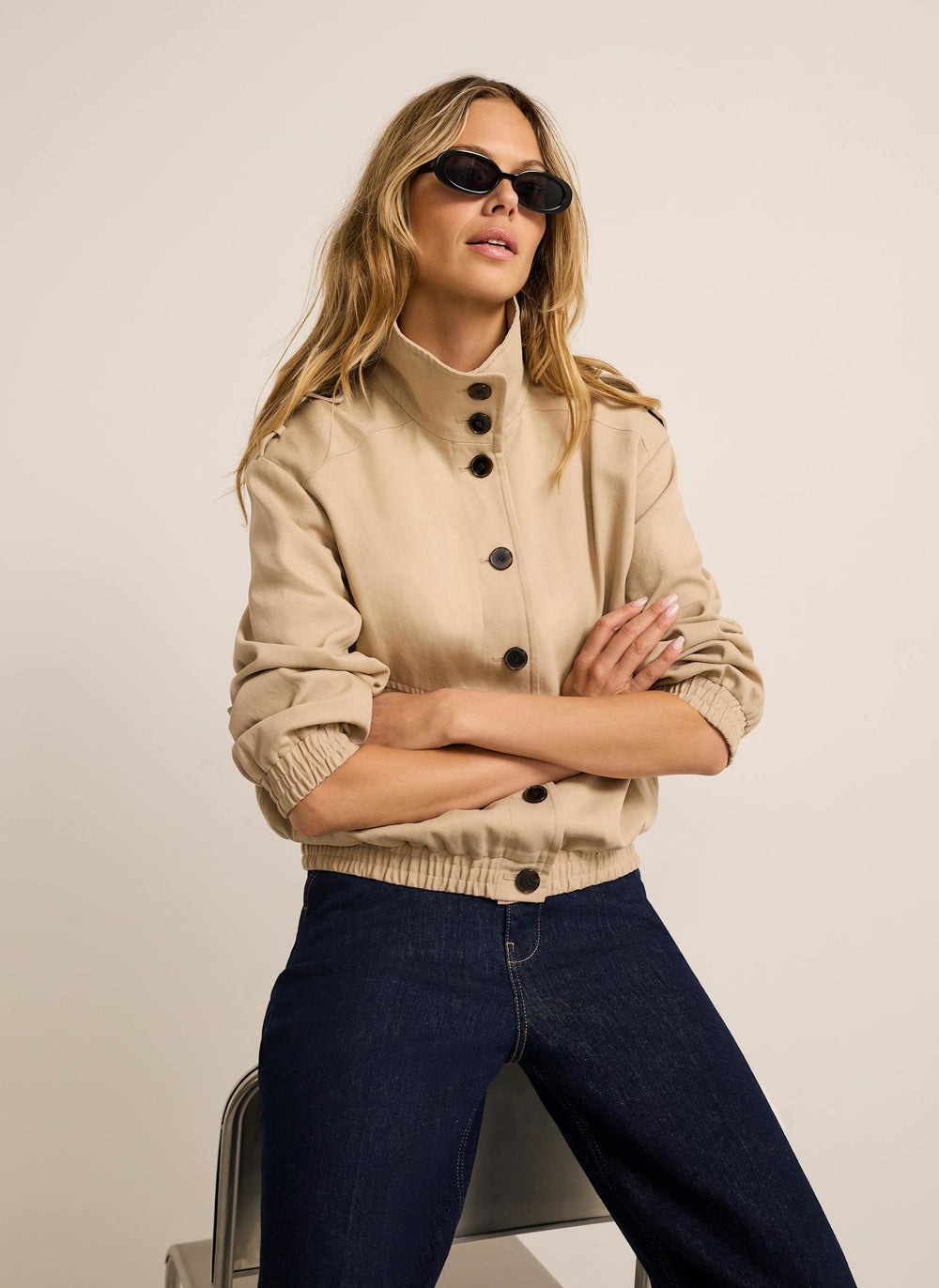 Neutral Cotton Blend Bomber Jacket