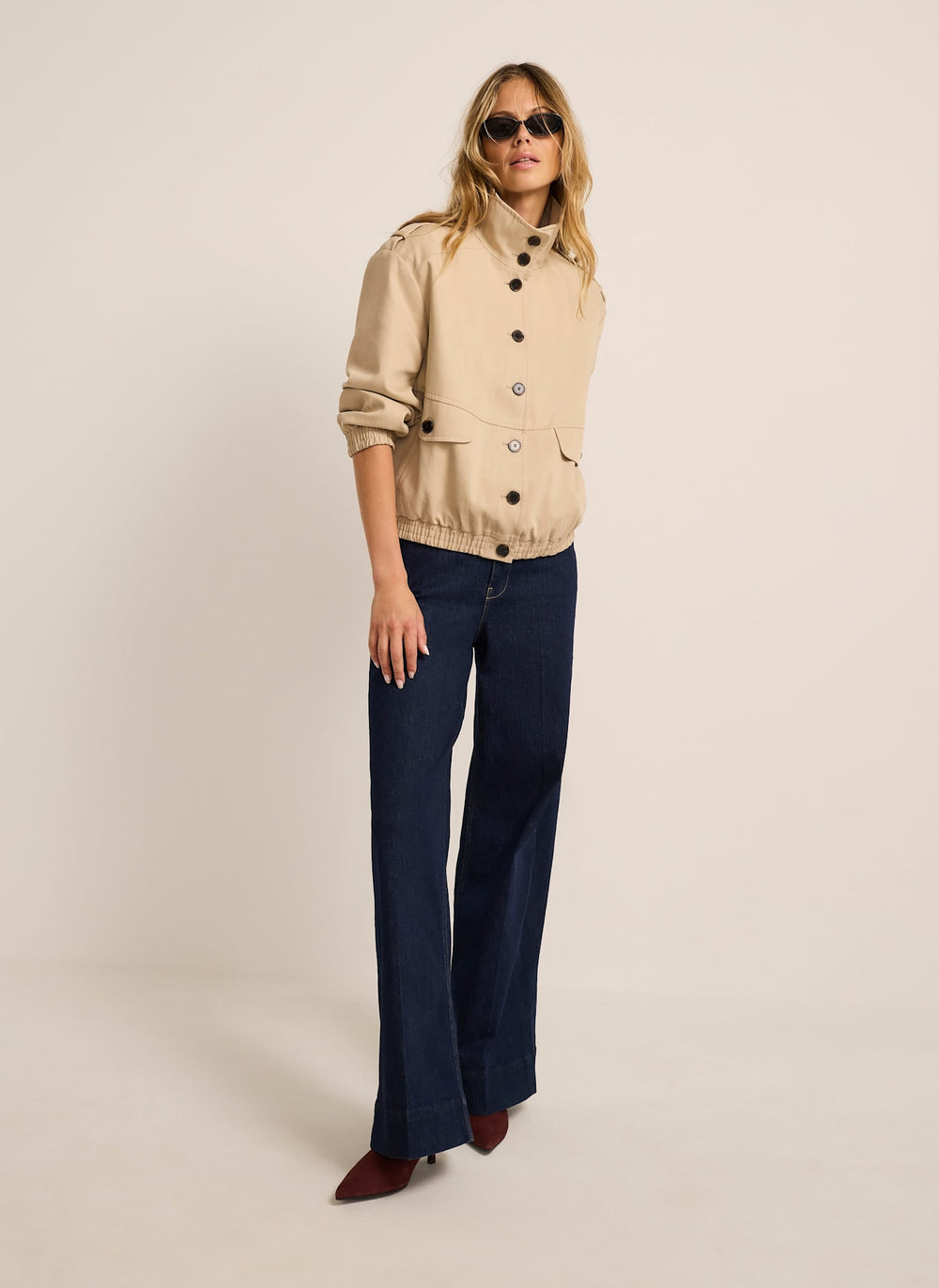 Neutral Cotton Blend Bomber Jacket