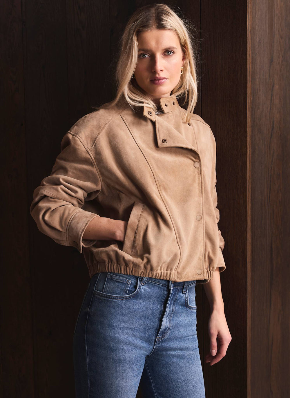 mid-range cropped suede bomber jacket for women