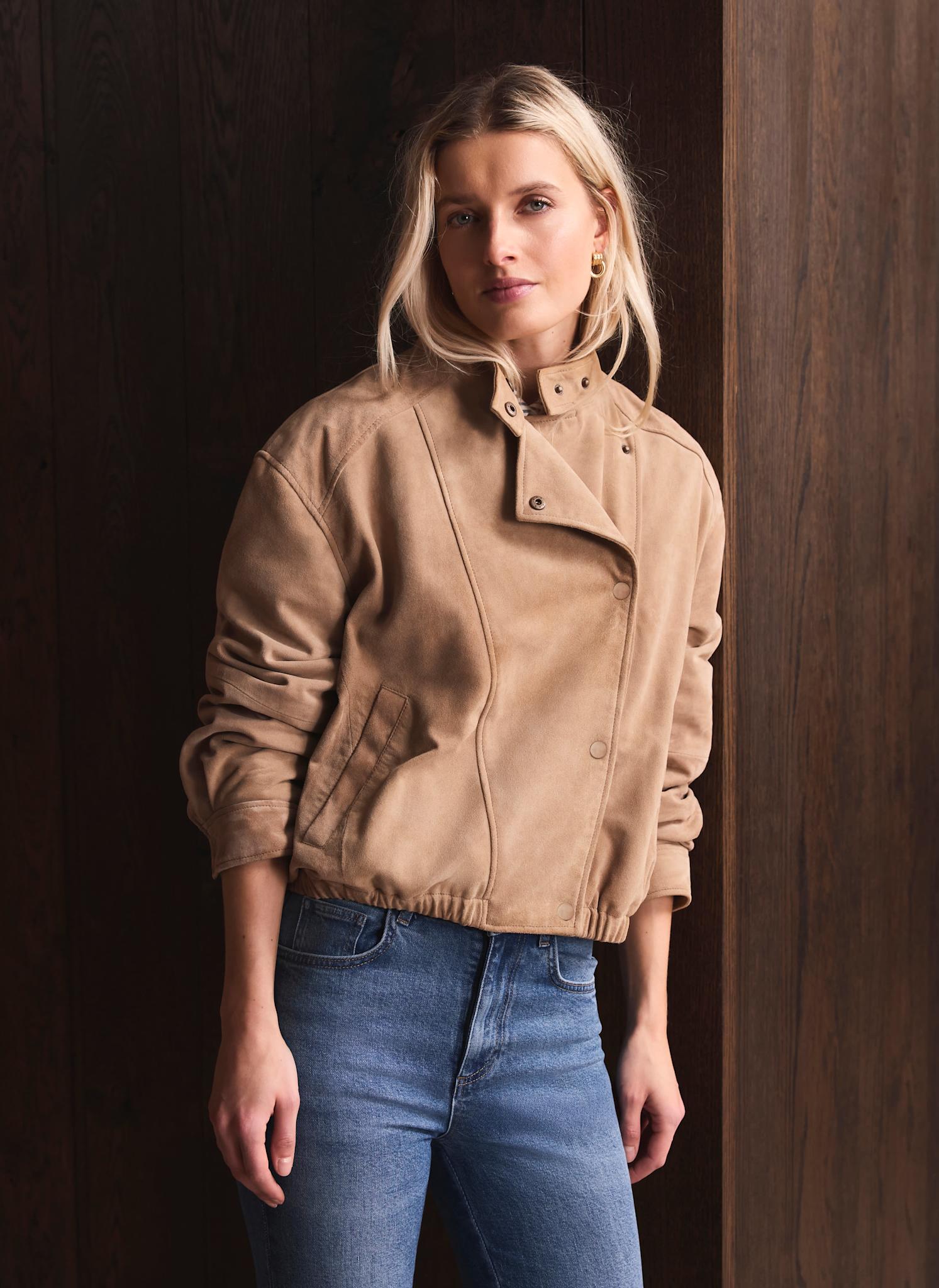 Neutral Suede Cropped Pilot Bomber Jacket – Mint Velvet