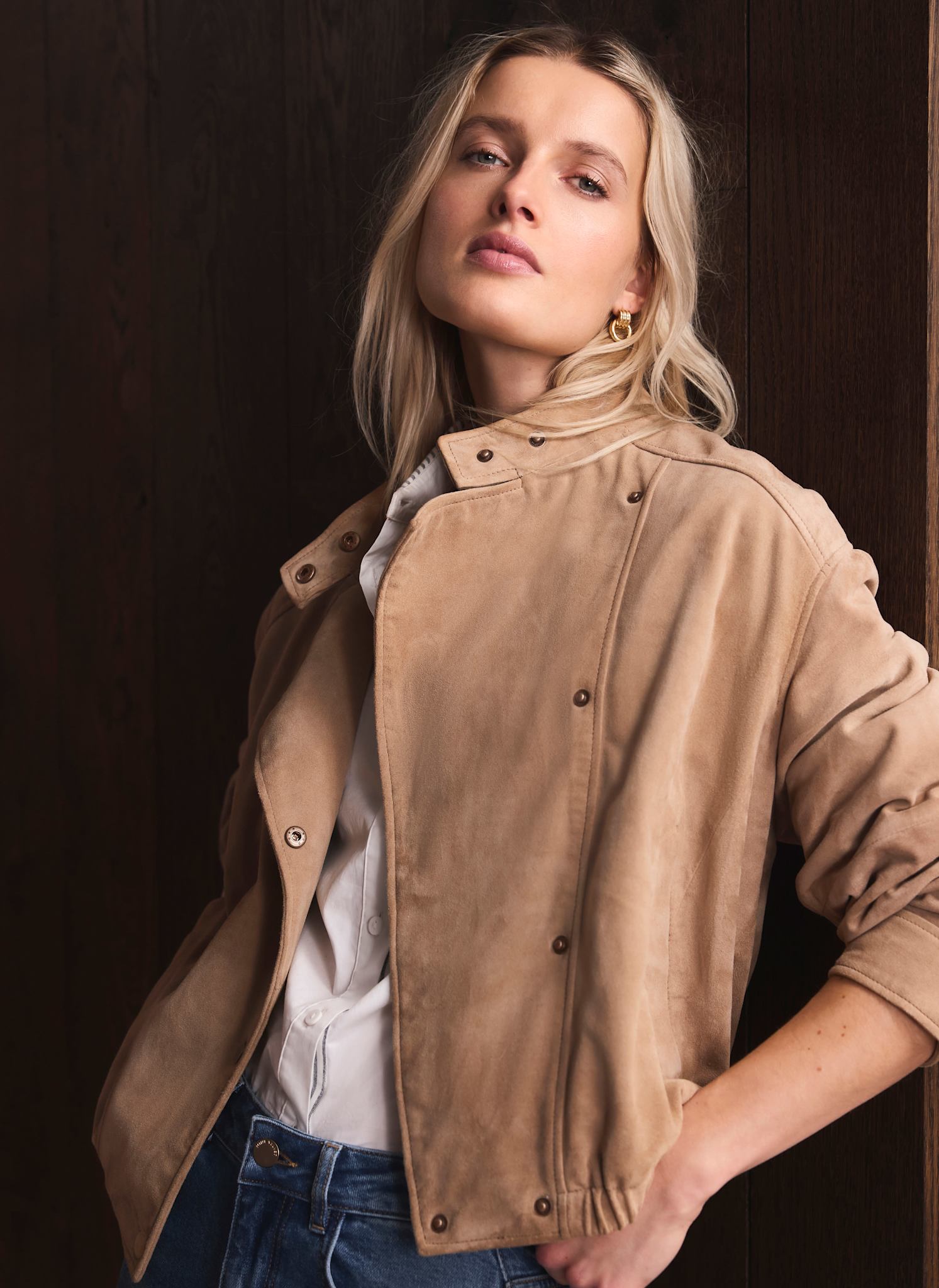 Neutral Suede Cropped Pilot Bomber Jacket – Mint Velvet