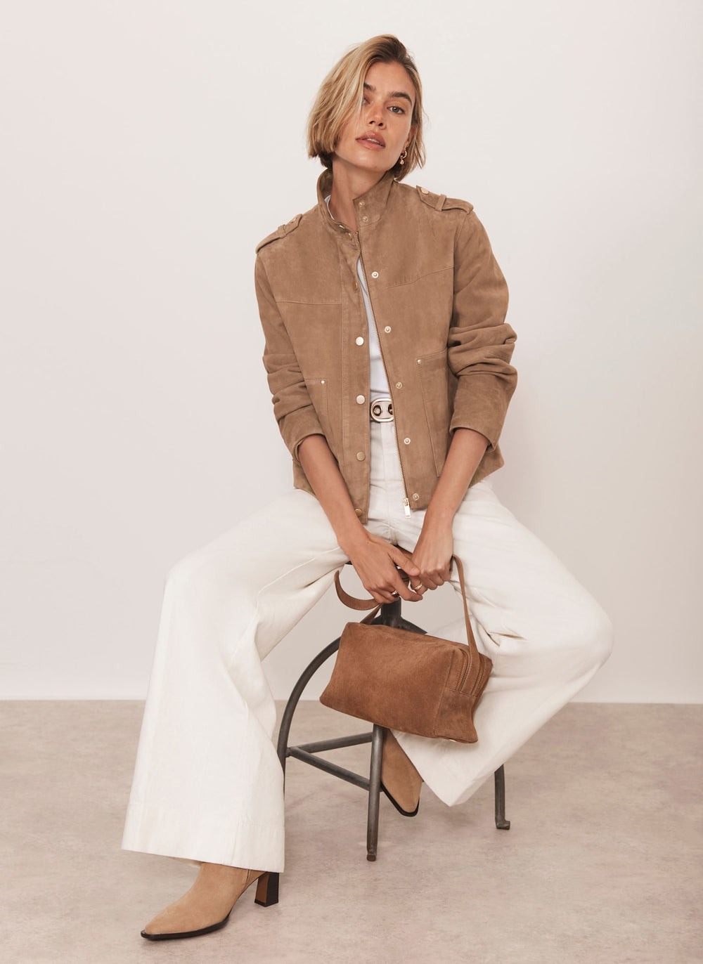 Neutral Suede Funnel Neck Jacket