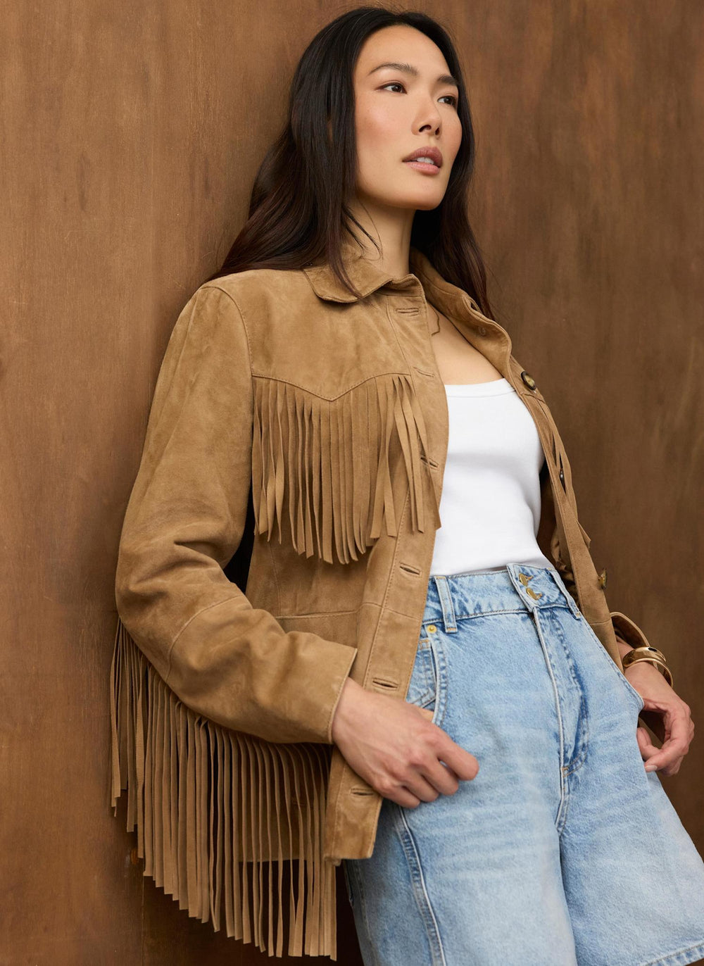 Neutral Suede Fringe Shacket