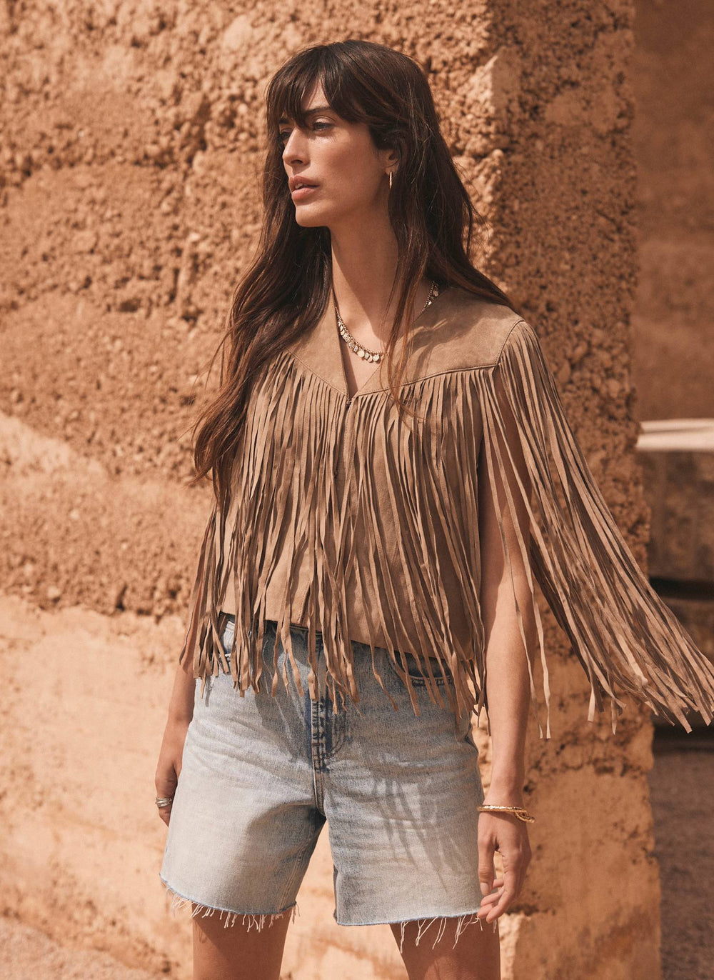 Neutral Suede Fringed Waistcoat