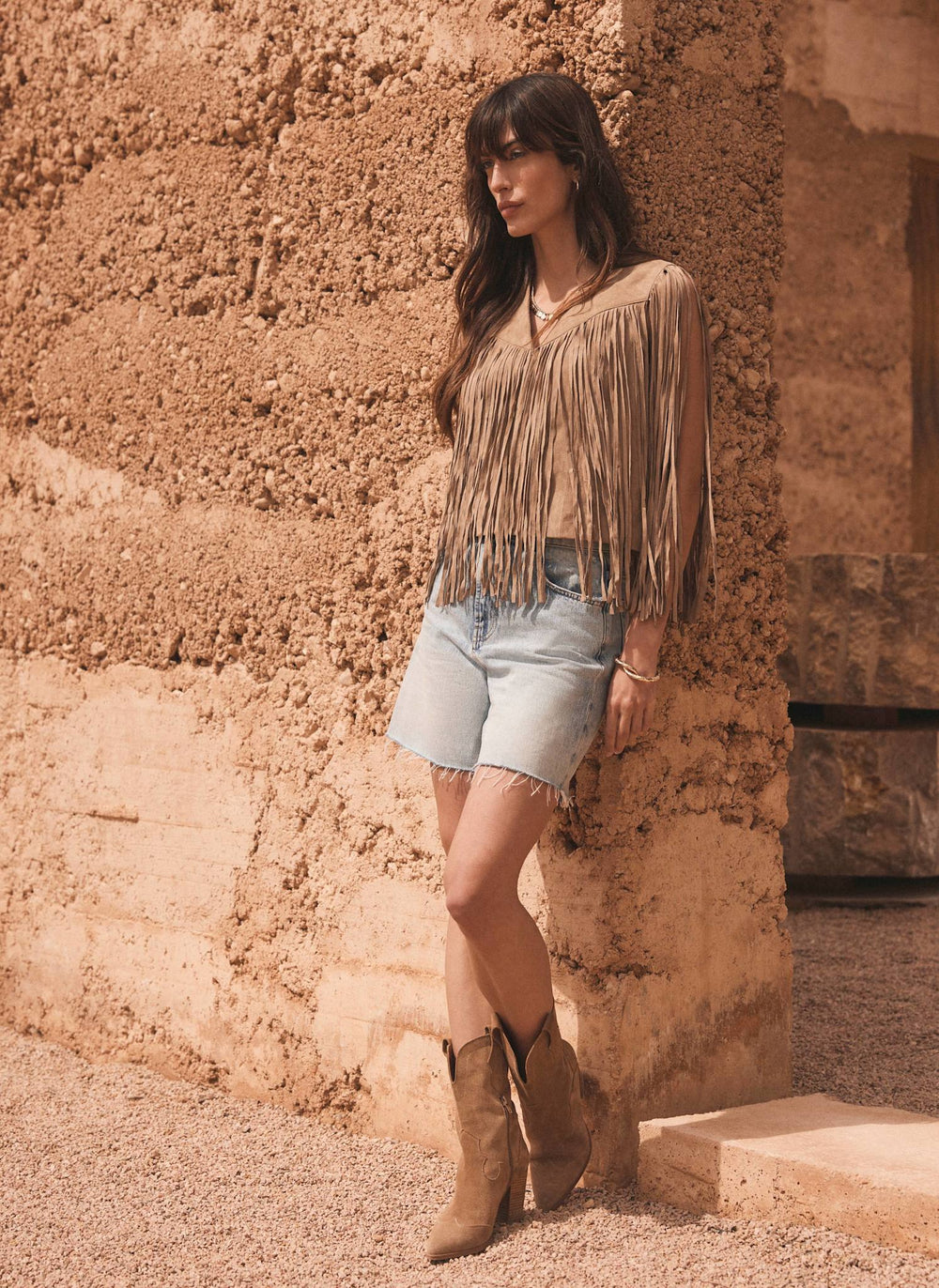 Neutral Suede Fringed Waistcoat