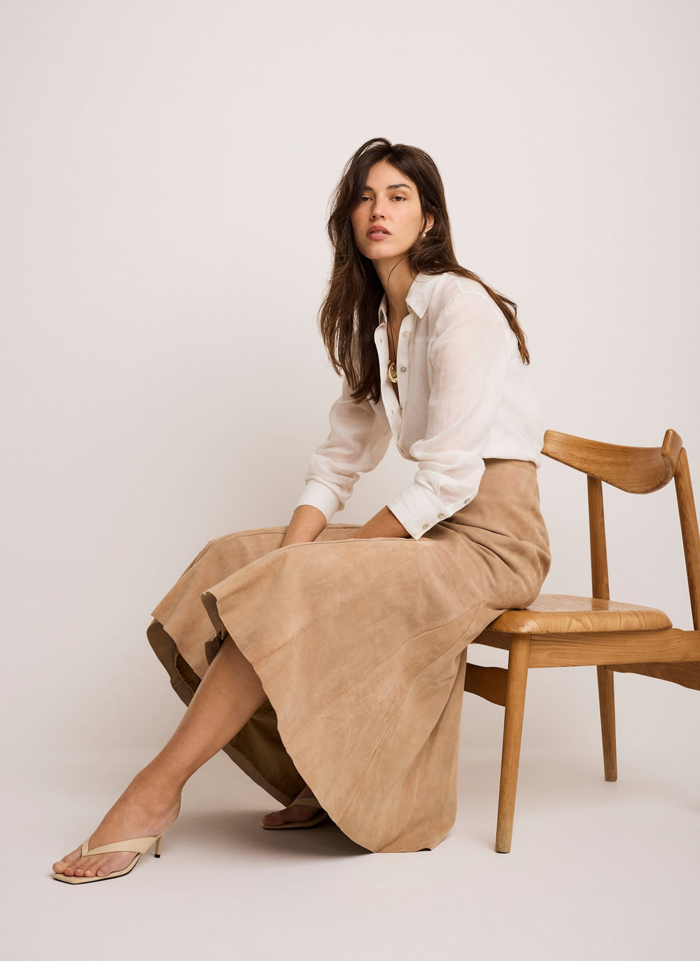 Neutral Suede Godet Midi Skirt