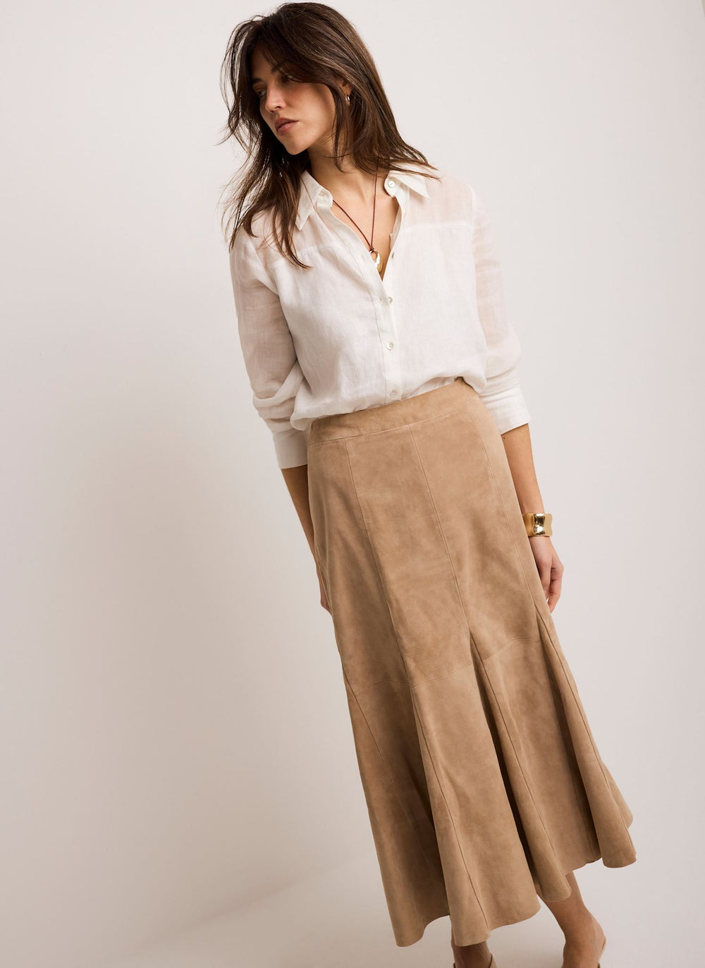 Neutral Suede Godet Midi Skirt