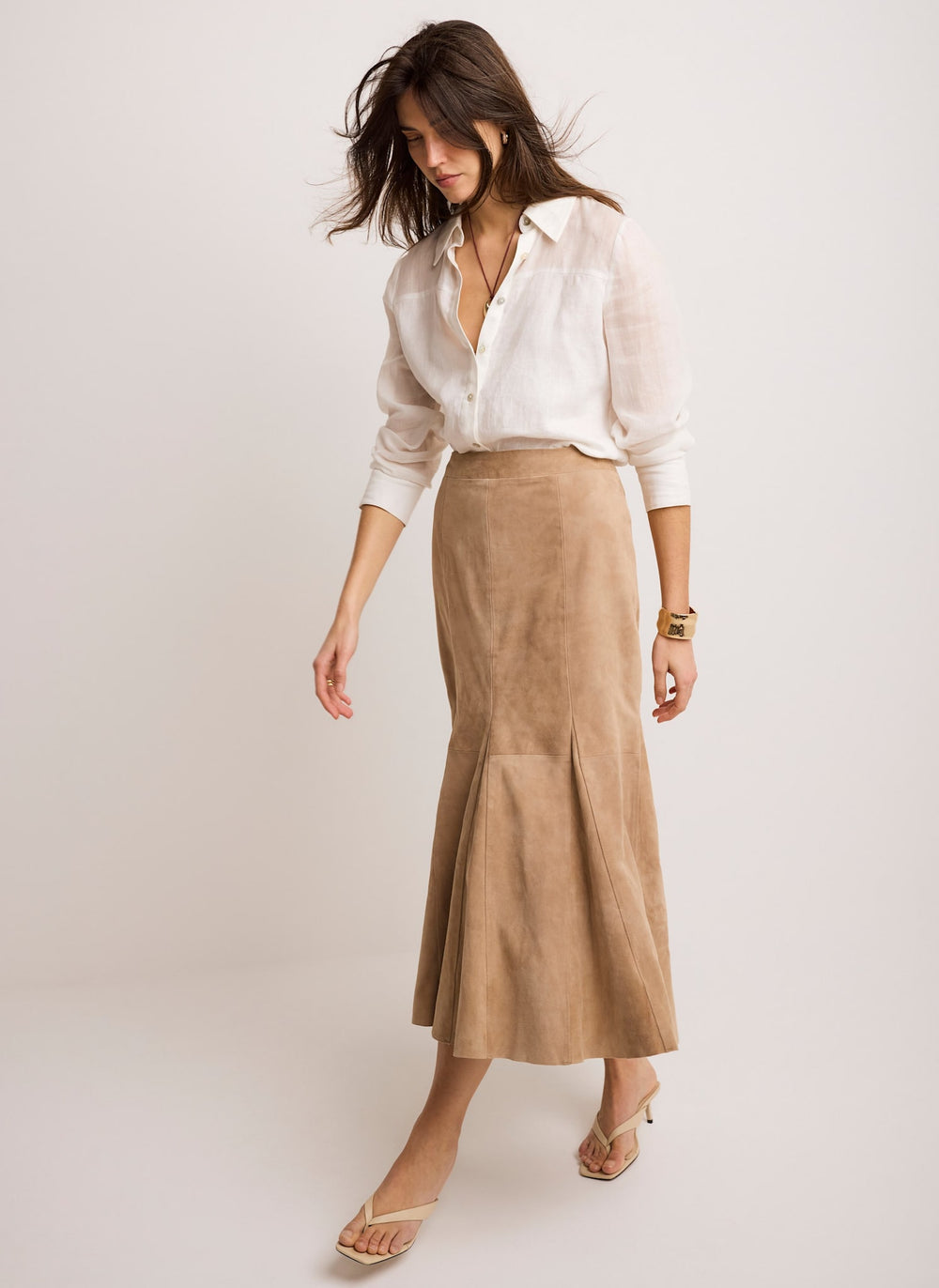 Neutral Suede Godet Midi Skirt