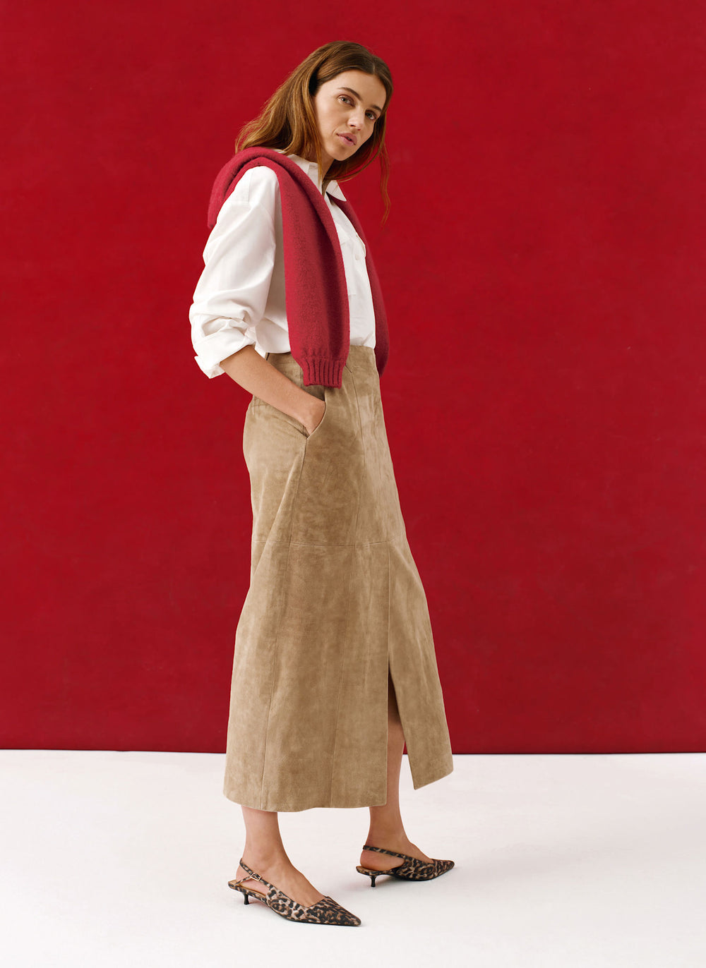 Neutral Suede Midi Skirt