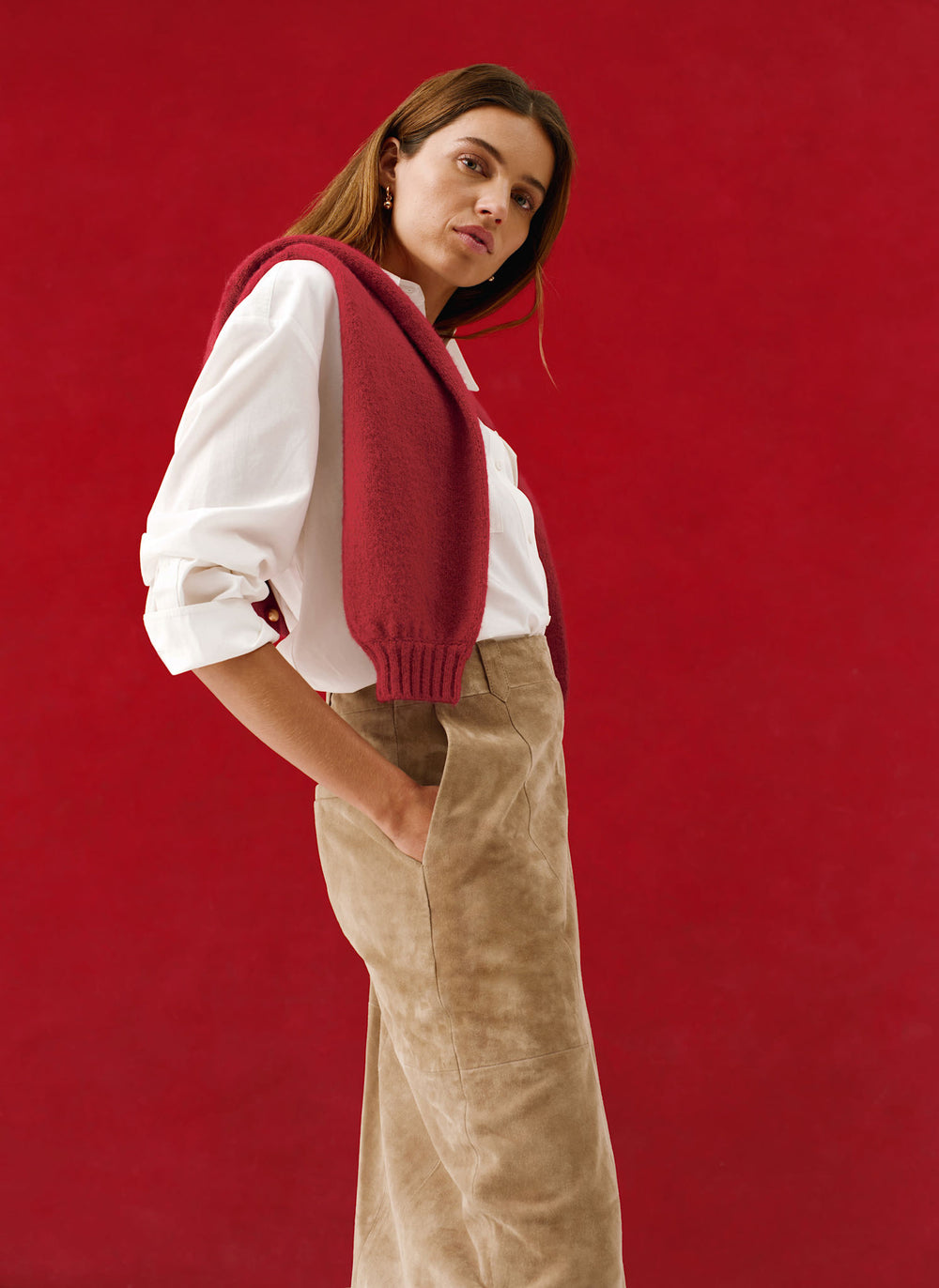 Neutral Suede Midi Skirt