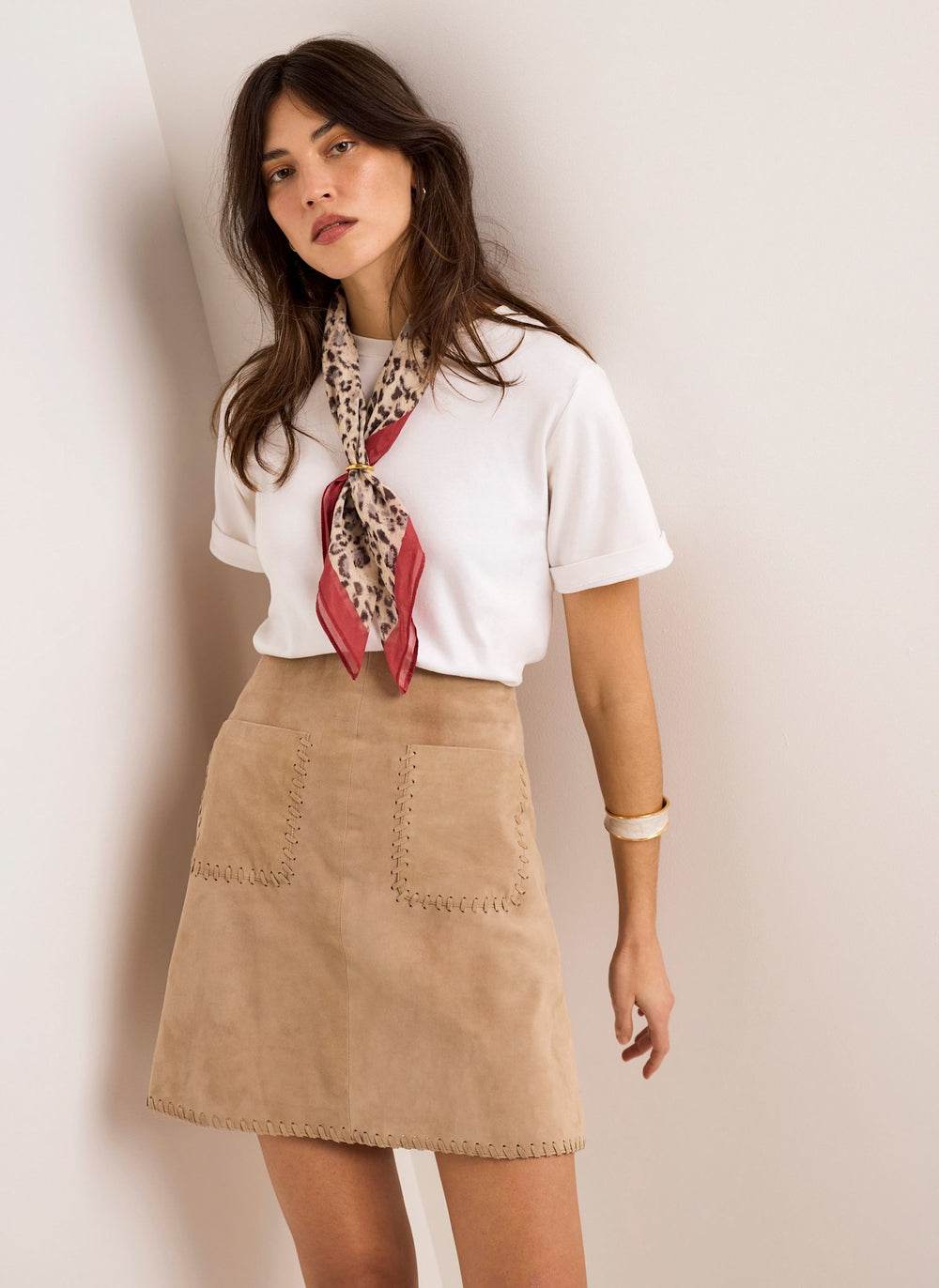Neutral Suede Stitch Mini Skirt