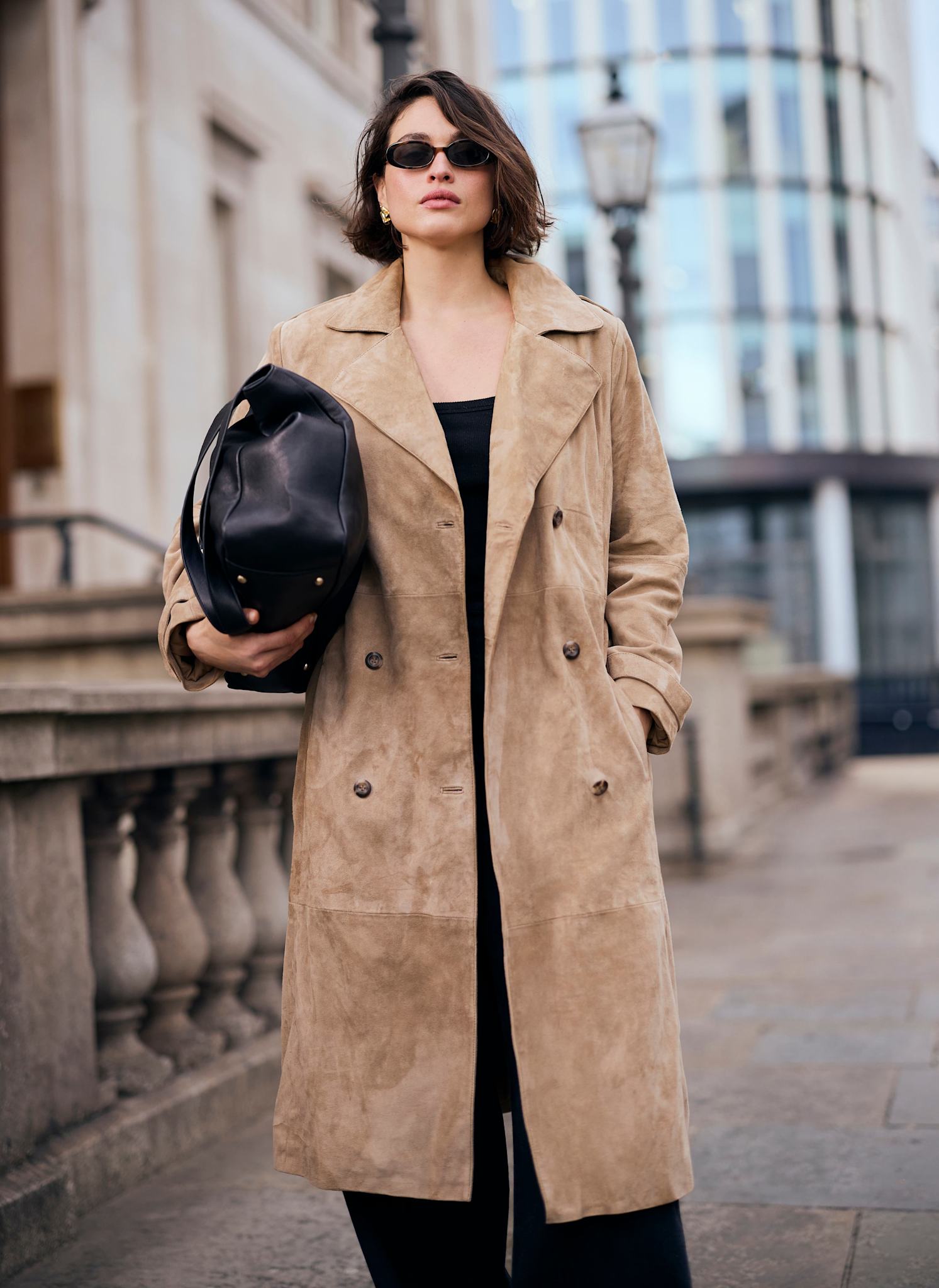 Neutral Suede Trench Coat — affordable alternative to a belted trench coat from a video