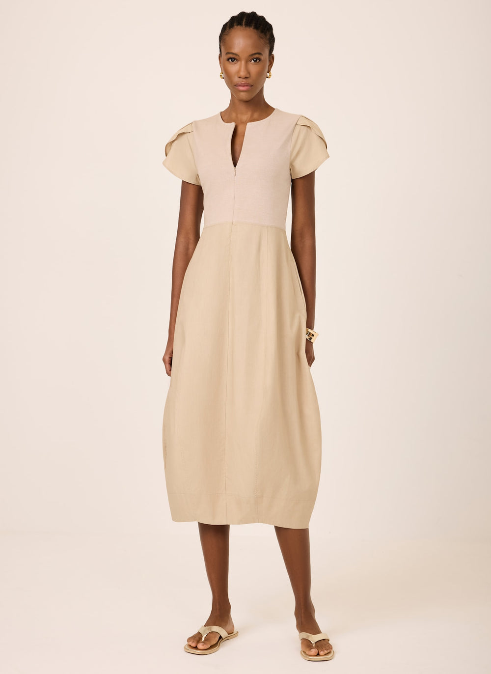 Neutral Cotton Blend Tulip Hem Midi Dress