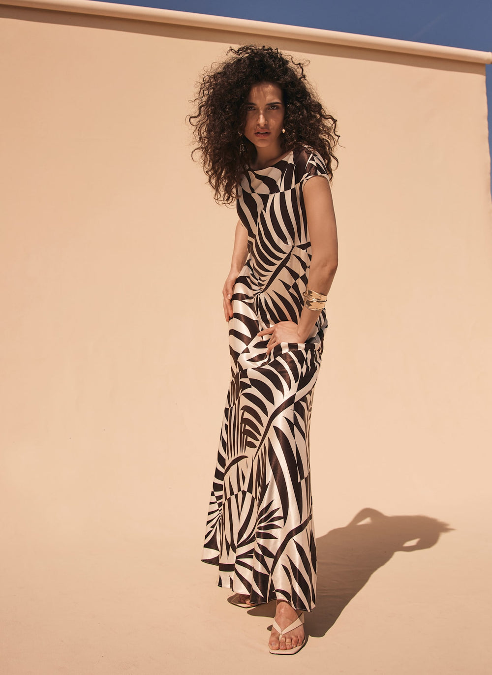 Brown Satin Palm Print Maxi Dress