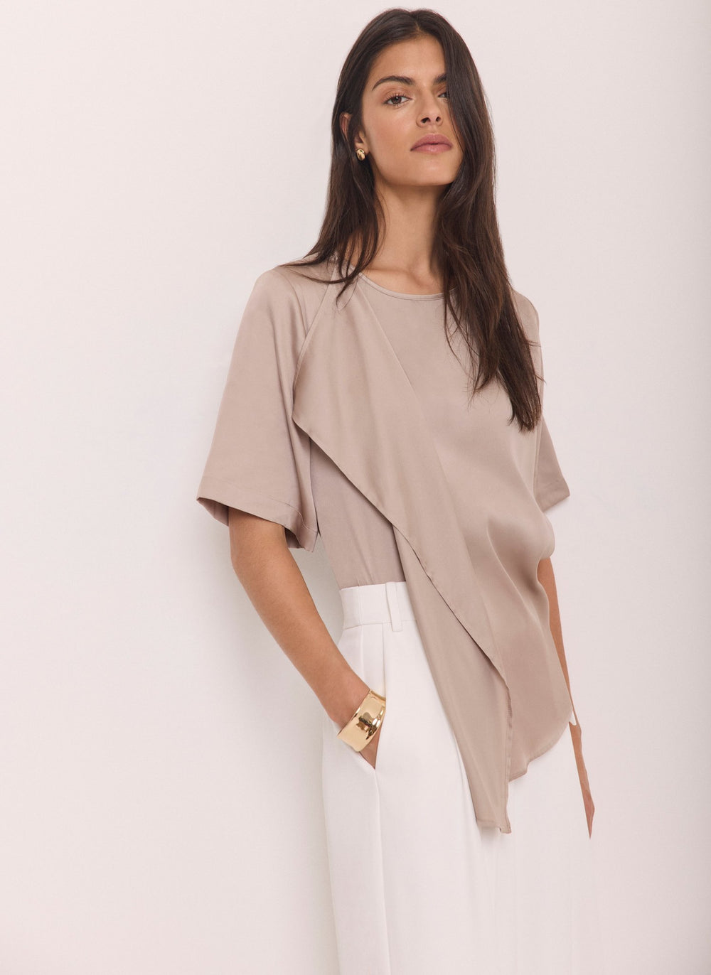 Neutral Satin Ruffle Front Top