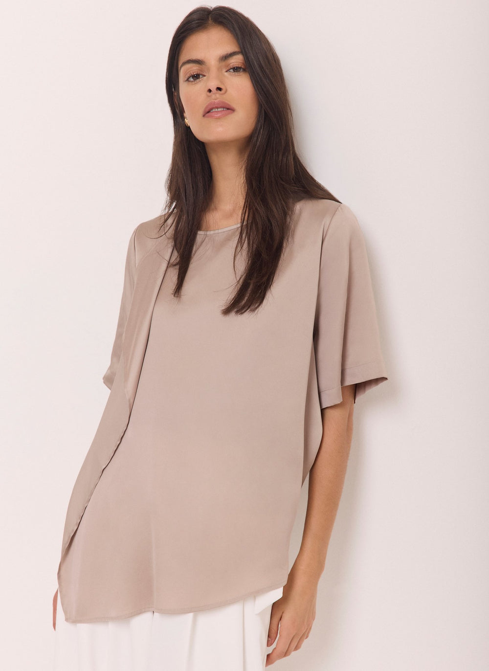 Neutral Satin Ruffle Front Top