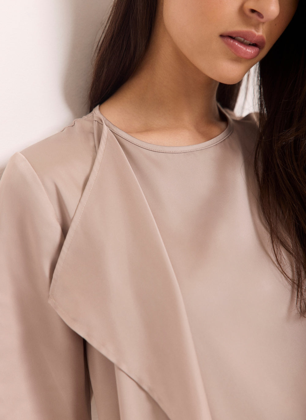Neutral Satin Ruffle Front Top