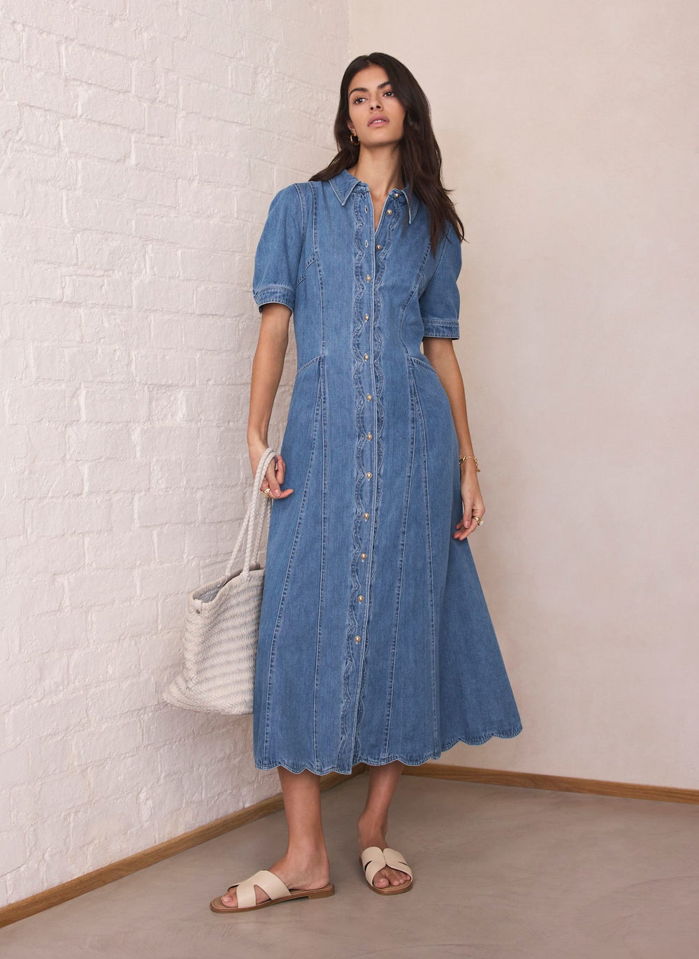 Mint Velvet Blue Denim Scallop Detail Midi Dress | Size 02 | Blue